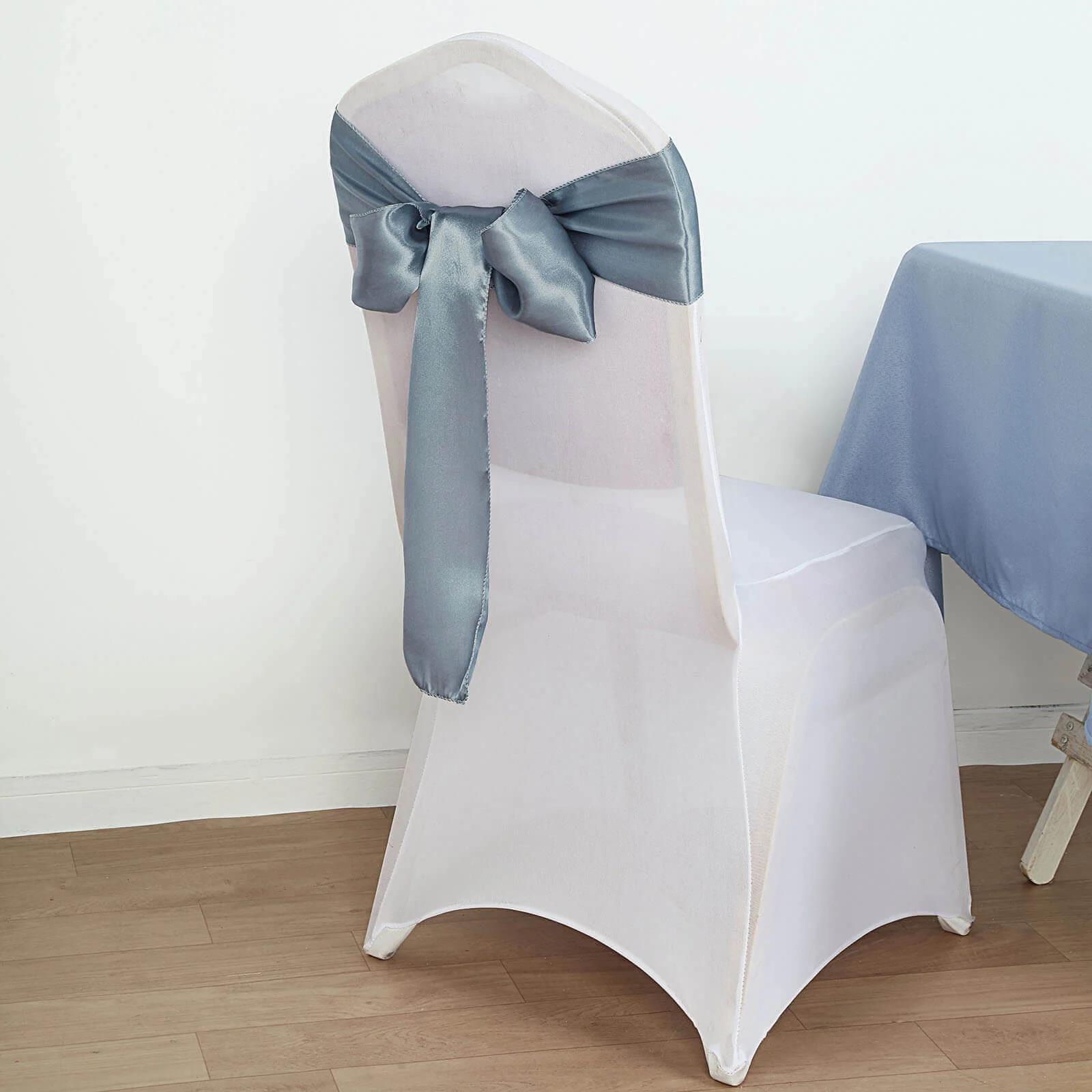 5 Pack Satin Chair Sashes 6"x106" Dusty Blue - Reusable Chair Bows with Smooth Finish - Image 3