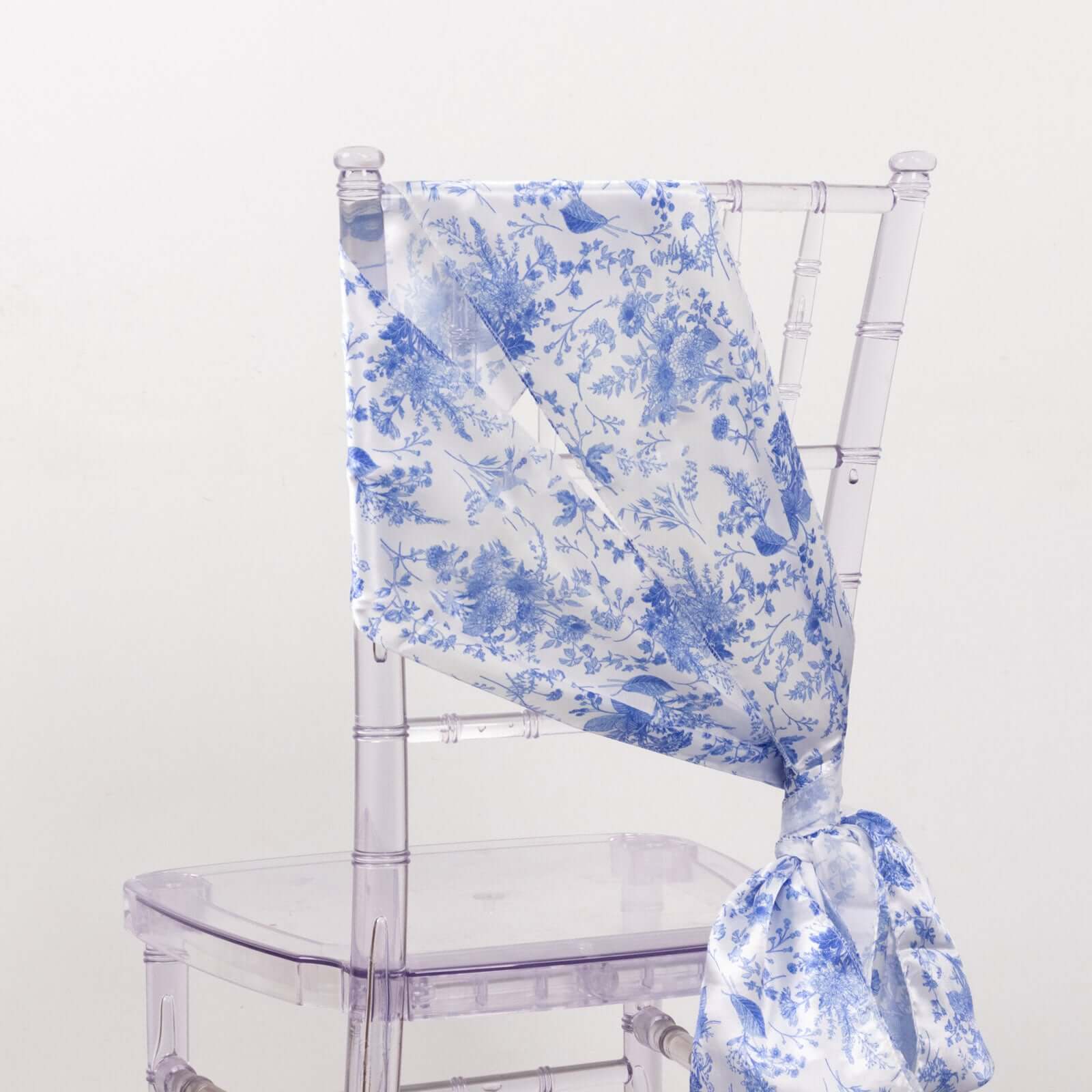 5 Pack Satin Chair Sashes 6"x108" White/Blue French Toile Floral Pattern - Smooth & Durable Chair Bows for Chic Weddings, Parties & Events - Image 2