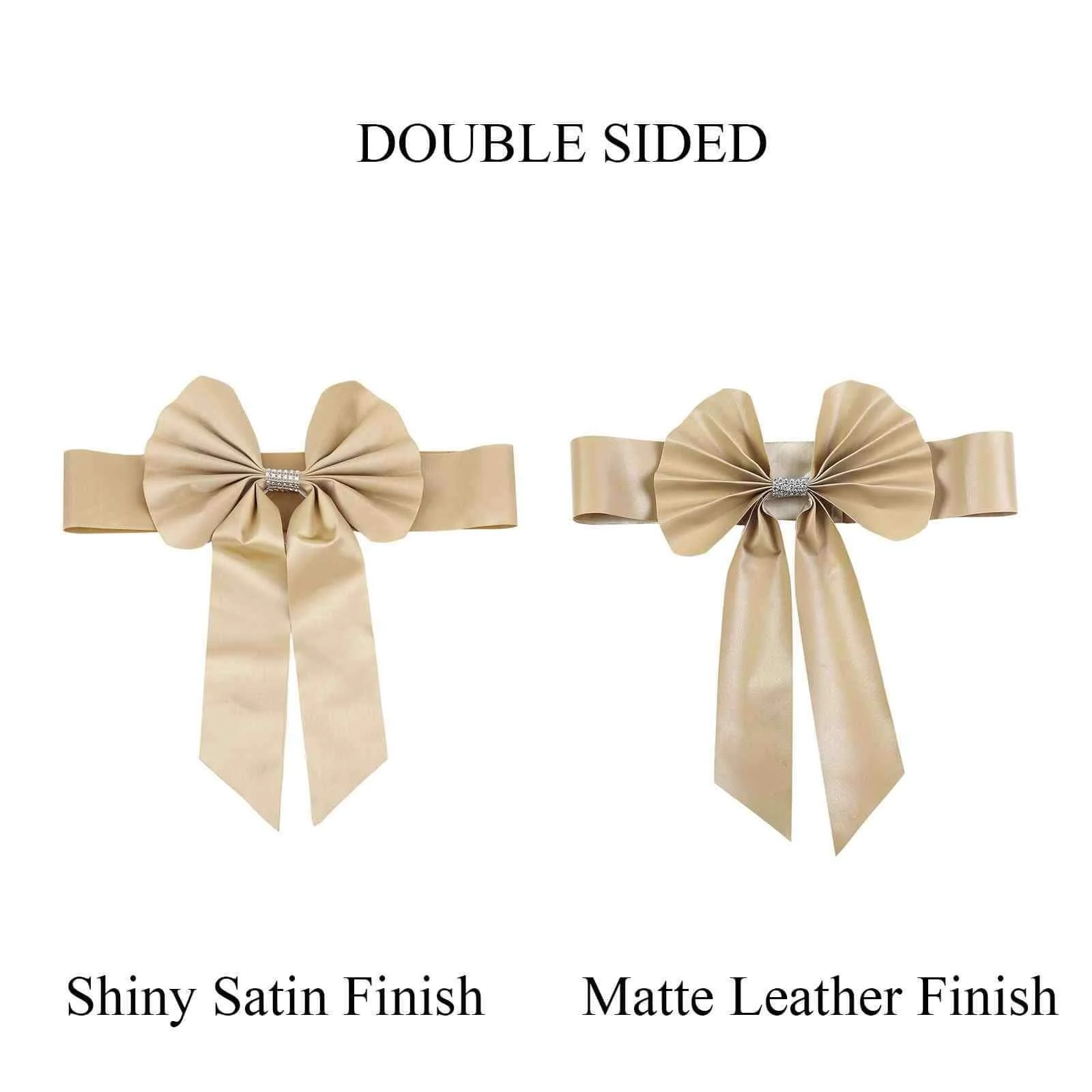 5 Pack Satin Faux Leather Chair Sashes Champagne with Diamond Rhinestone Buckles - Reversible Pre-tied Bow Tie Chair Bands - Image 11