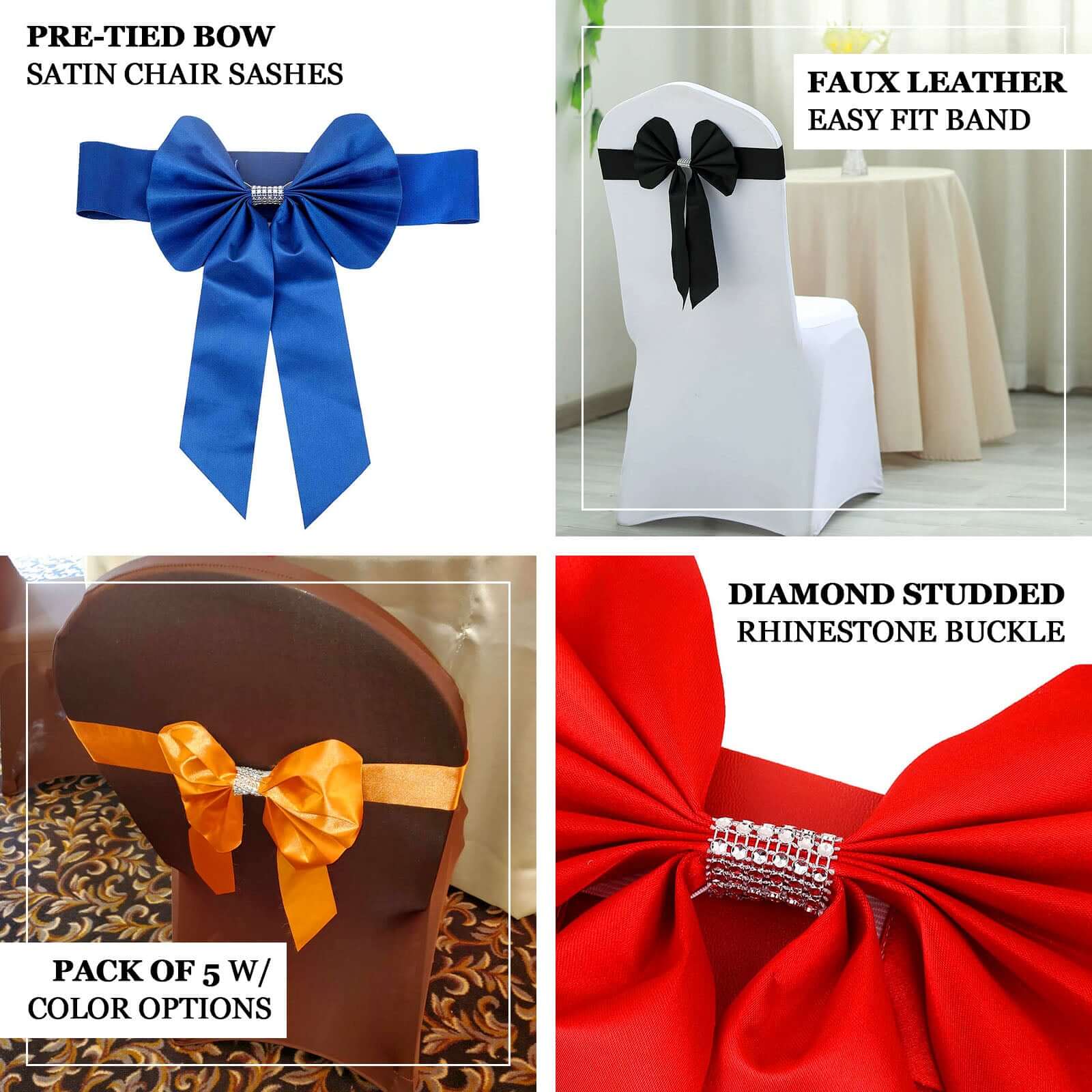 5 Pack Satin Faux Leather Chair Sashes Champagne with Diamond Rhinestone Buckles - Reversible Pre-tied Bow Tie Chair Bands - Image 4