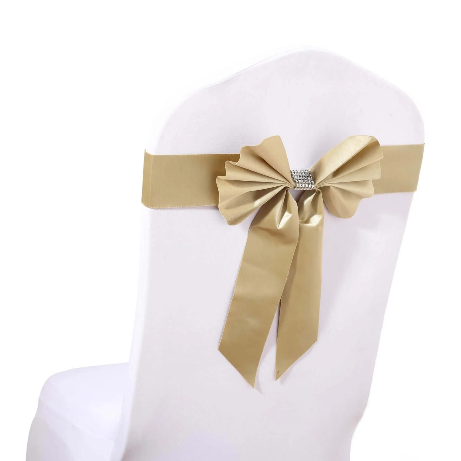 5 Pack Satin Faux Leather Chair Sashes Champagne with Diamond Rhinestone Buckles - Reversible Pre-tied Bow Tie Chair Bands - Image 7
