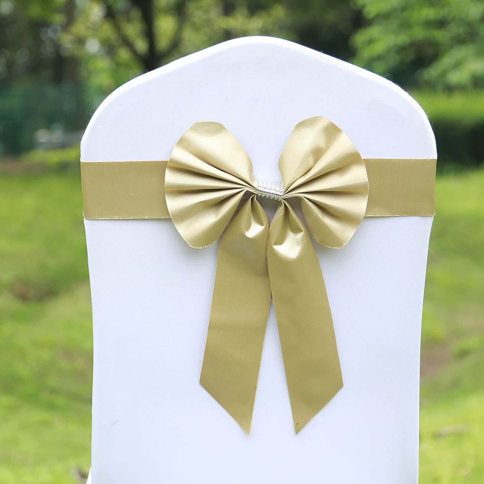 5 Pack Satin Faux Leather Chair Sashes Champagne with Diamond Rhinestone Buckles - Reversible Pre-tied Bow Tie Chair Bands - Image 9