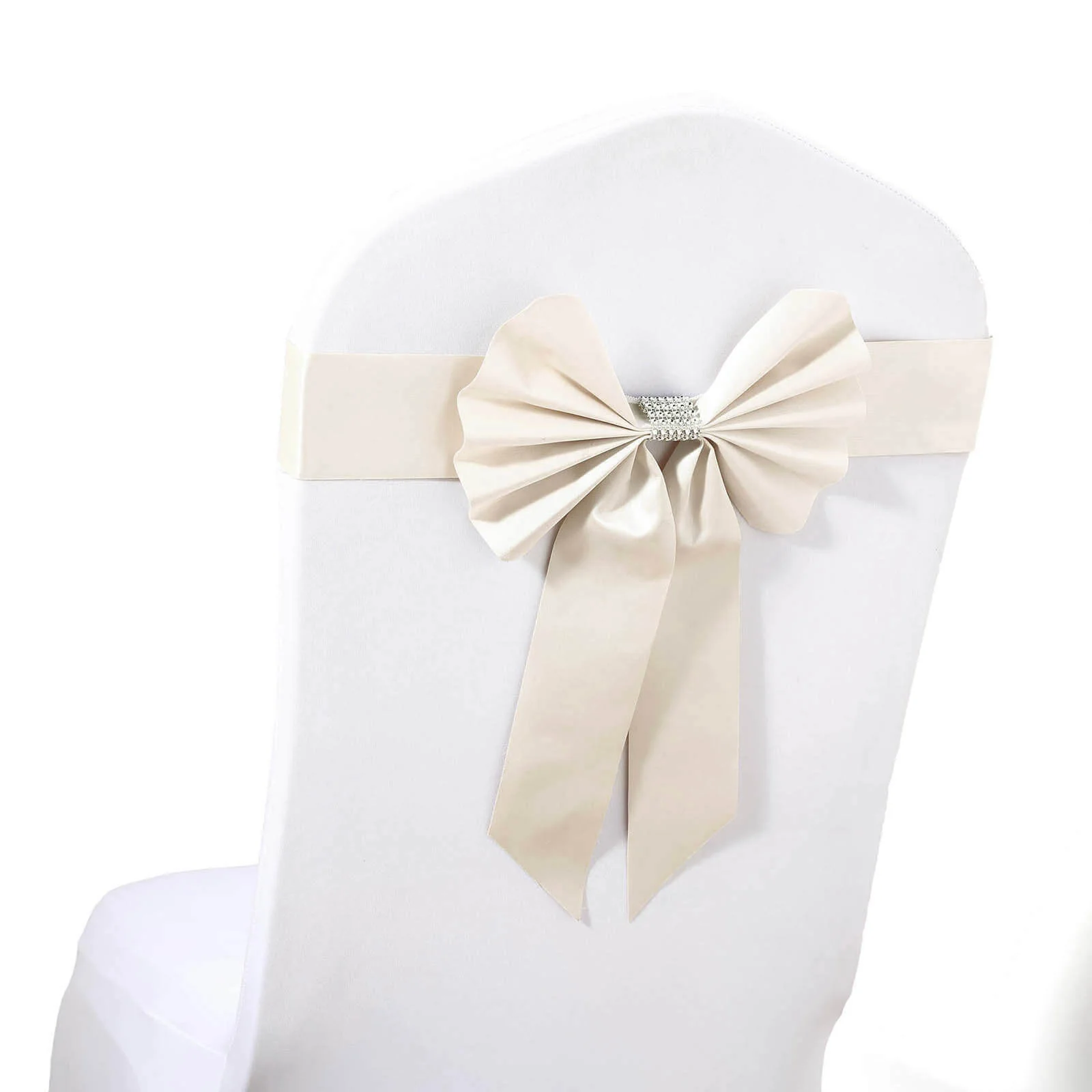 5 Pack Satin Faux Leather Chair Sashes Ivory with Diamond Rhinestone Buckles - Reversible Pre-tied Bow Tie Chair Bands - Image 7