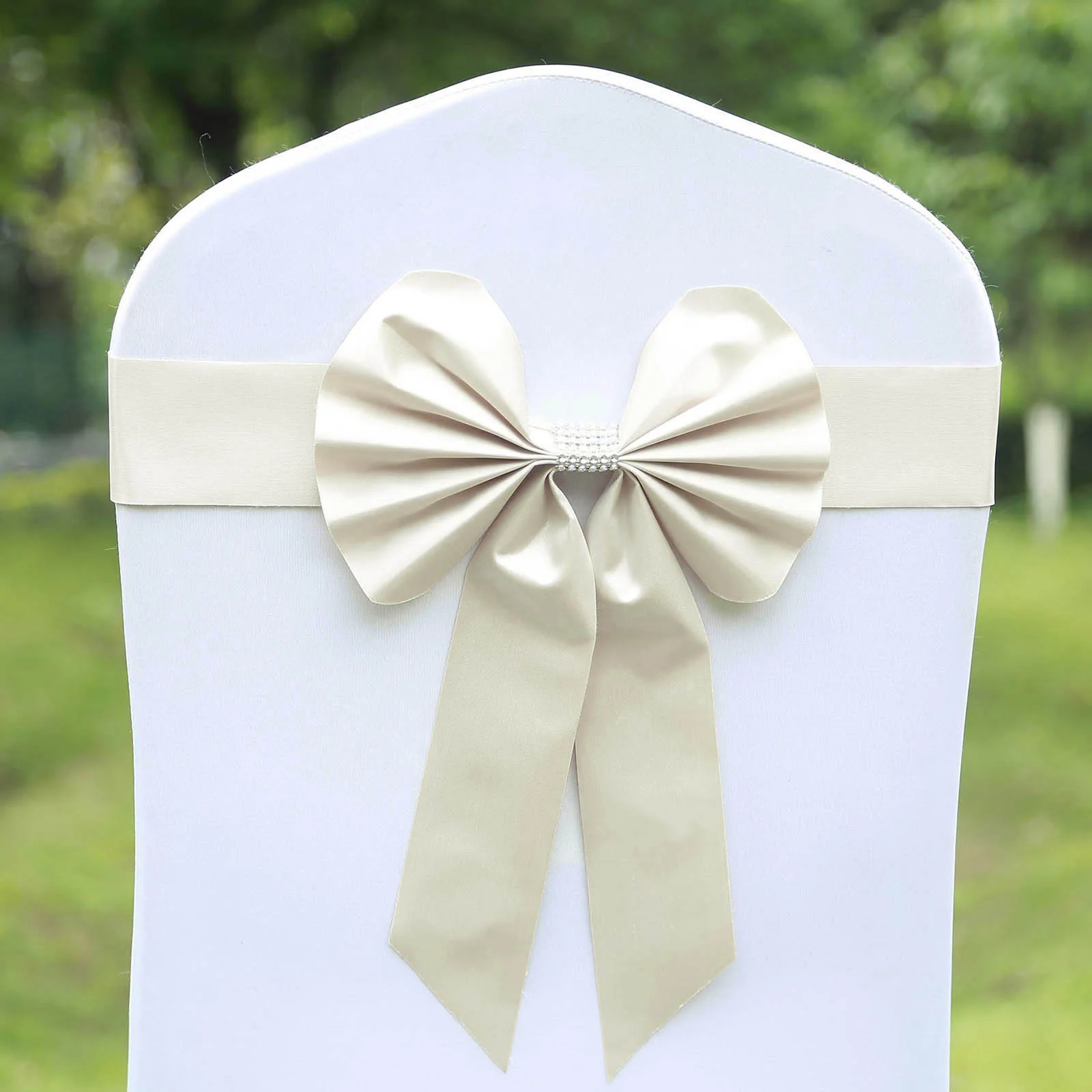 5 Pack Satin Faux Leather Chair Sashes Ivory with Diamond Rhinestone Buckles - Reversible Pre-tied Bow Tie Chair Bands - Image 9