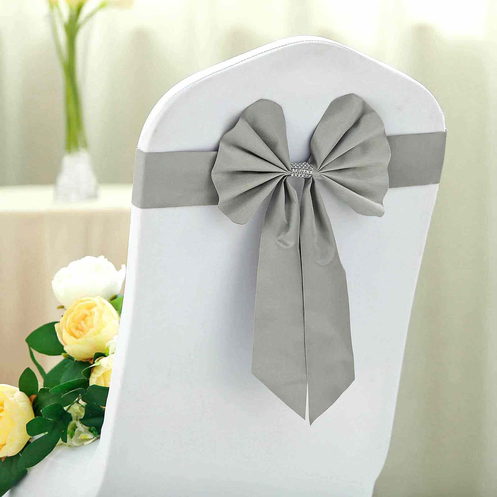 5 Pack Satin Faux Leather Chair Sashes Silver with Diamond Rhinestone Buckles - Reversible Pre-tied Bow Tie Chair Bands