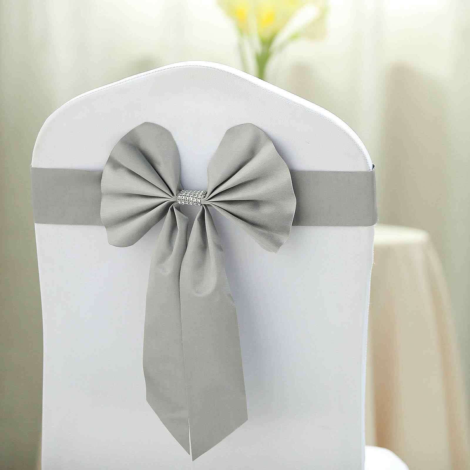 5 Pack Satin Faux Leather Chair Sashes Silver with Diamond Rhinestone Buckles - Reversible Pre-tied Bow Tie Chair Bands - Image 11