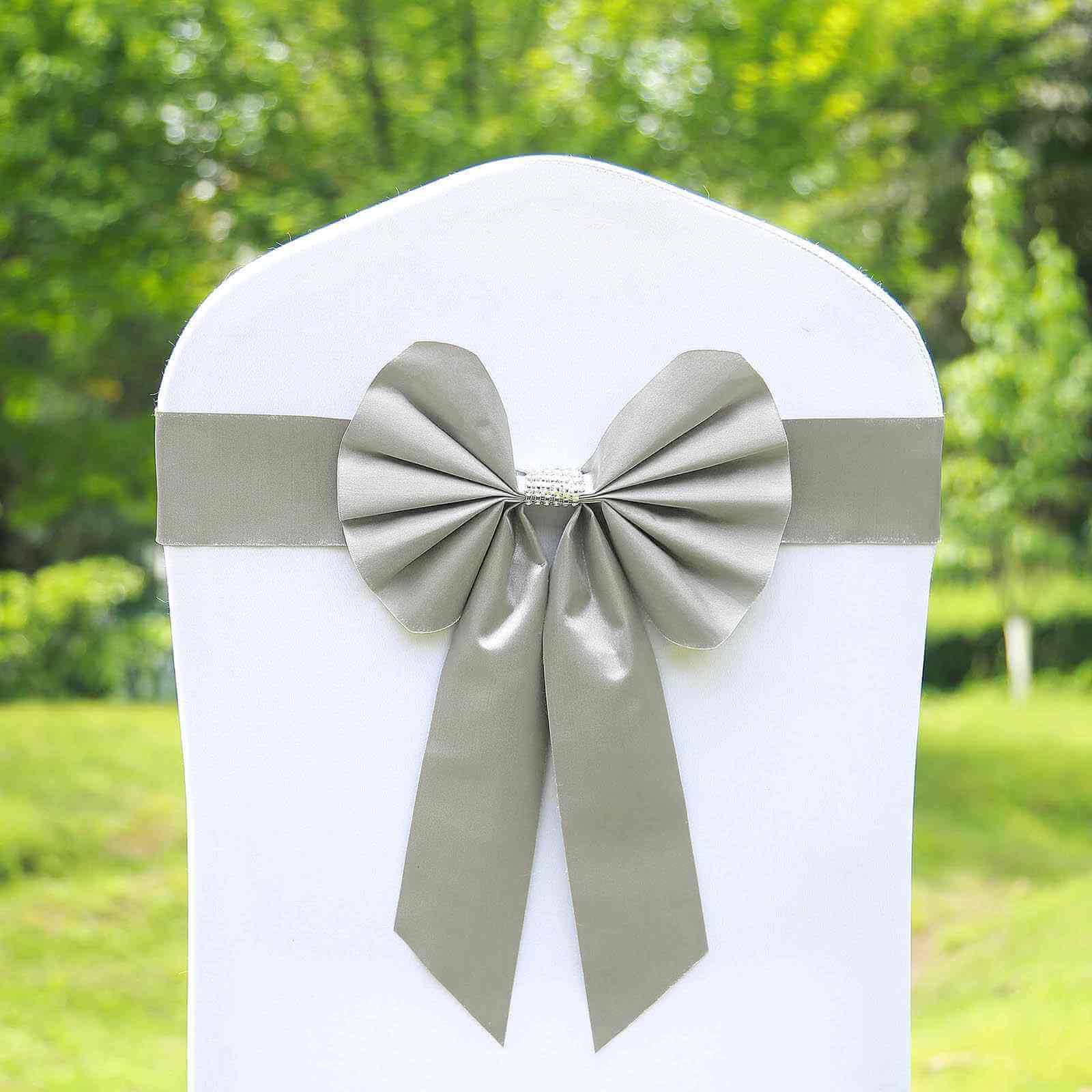 5 Pack Satin Faux Leather Chair Sashes Silver with Diamond Rhinestone Buckles - Reversible Pre-tied Bow Tie Chair Bands - Image 13