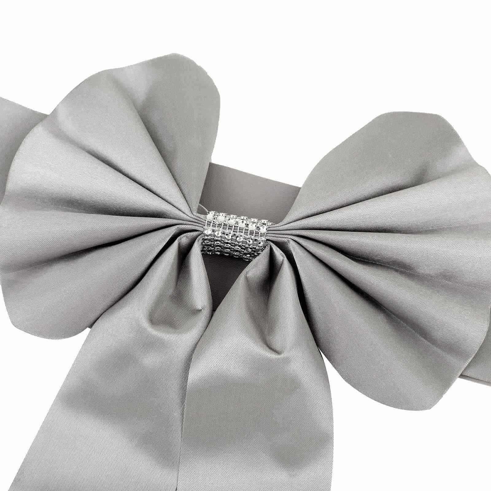 5 Pack Satin Faux Leather Chair Sashes Silver with Diamond Rhinestone Buckles - Reversible Pre-tied Bow Tie Chair Bands - Image 14