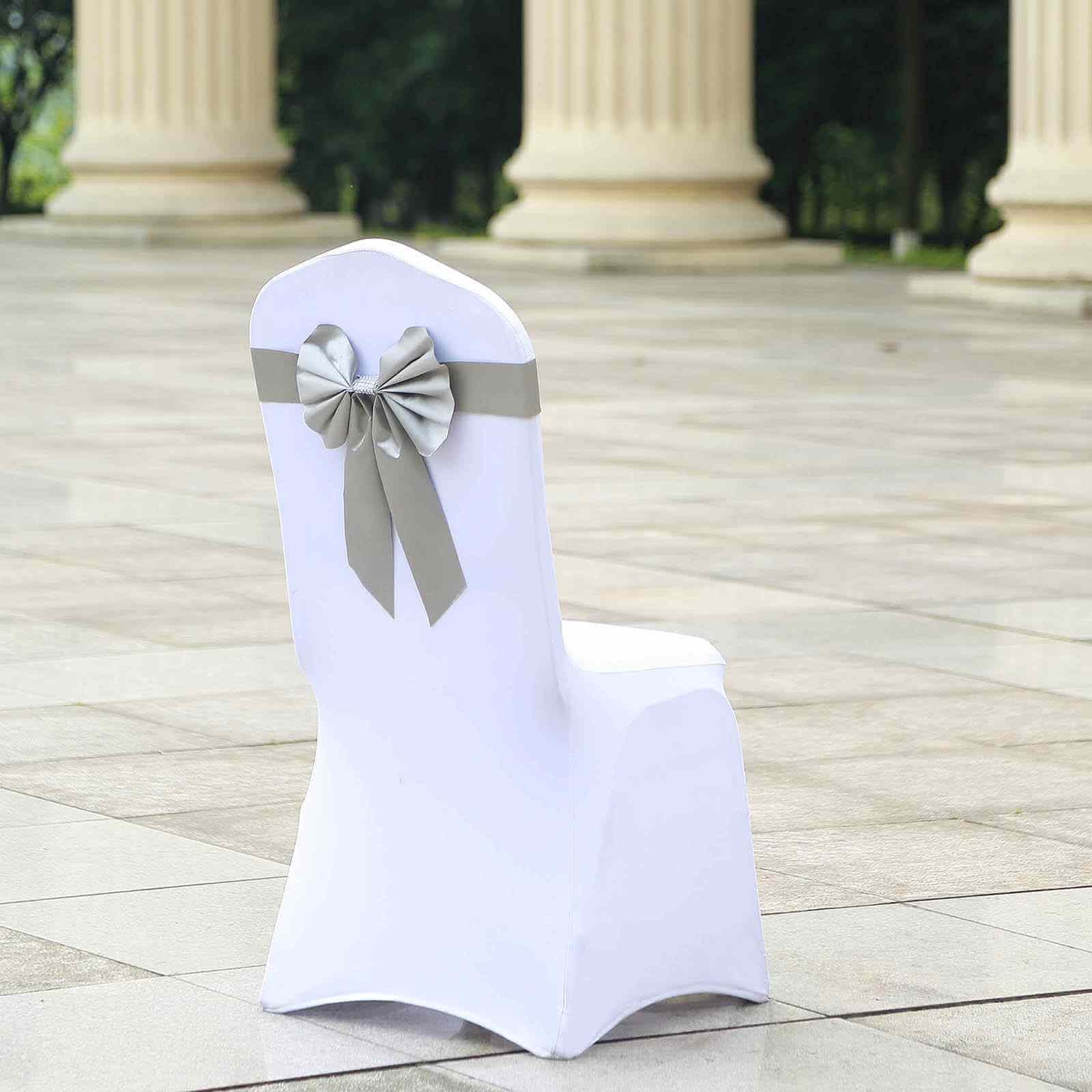 5 Pack Satin Faux Leather Chair Sashes Silver with Diamond Rhinestone Buckles - Reversible Pre-tied Bow Tie Chair Bands - Image 2