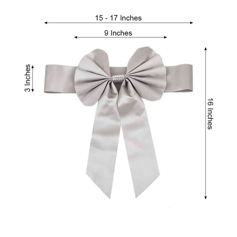 5 Pack Satin Faux Leather Chair Sashes Silver with Diamond Rhinestone Buckles - Reversible Pre-tied Bow Tie Chair Bands - Image 3