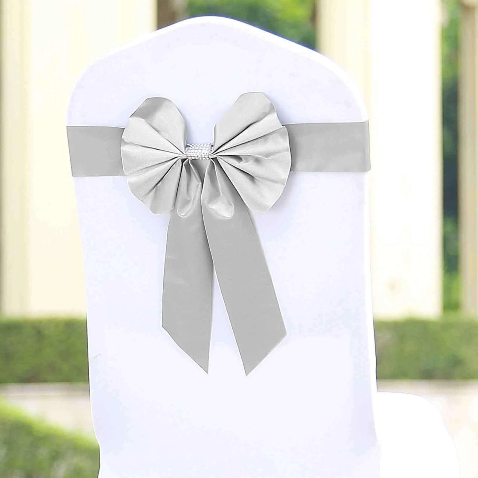 5 Pack Satin Faux Leather Chair Sashes Silver with Diamond Rhinestone Buckles - Reversible Pre-tied Bow Tie Chair Bands - Image 6