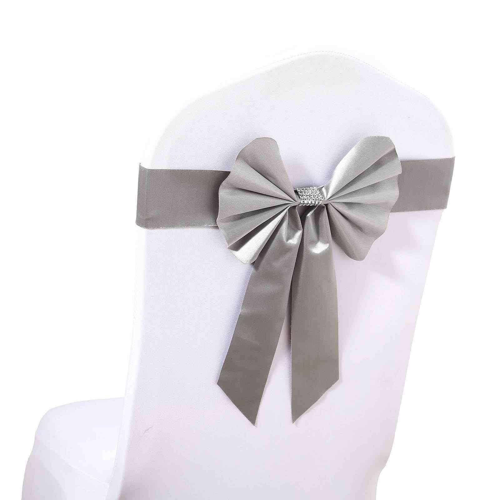 5 Pack Satin Faux Leather Chair Sashes Silver with Diamond Rhinestone Buckles - Reversible Pre-tied Bow Tie Chair Bands - Image 7