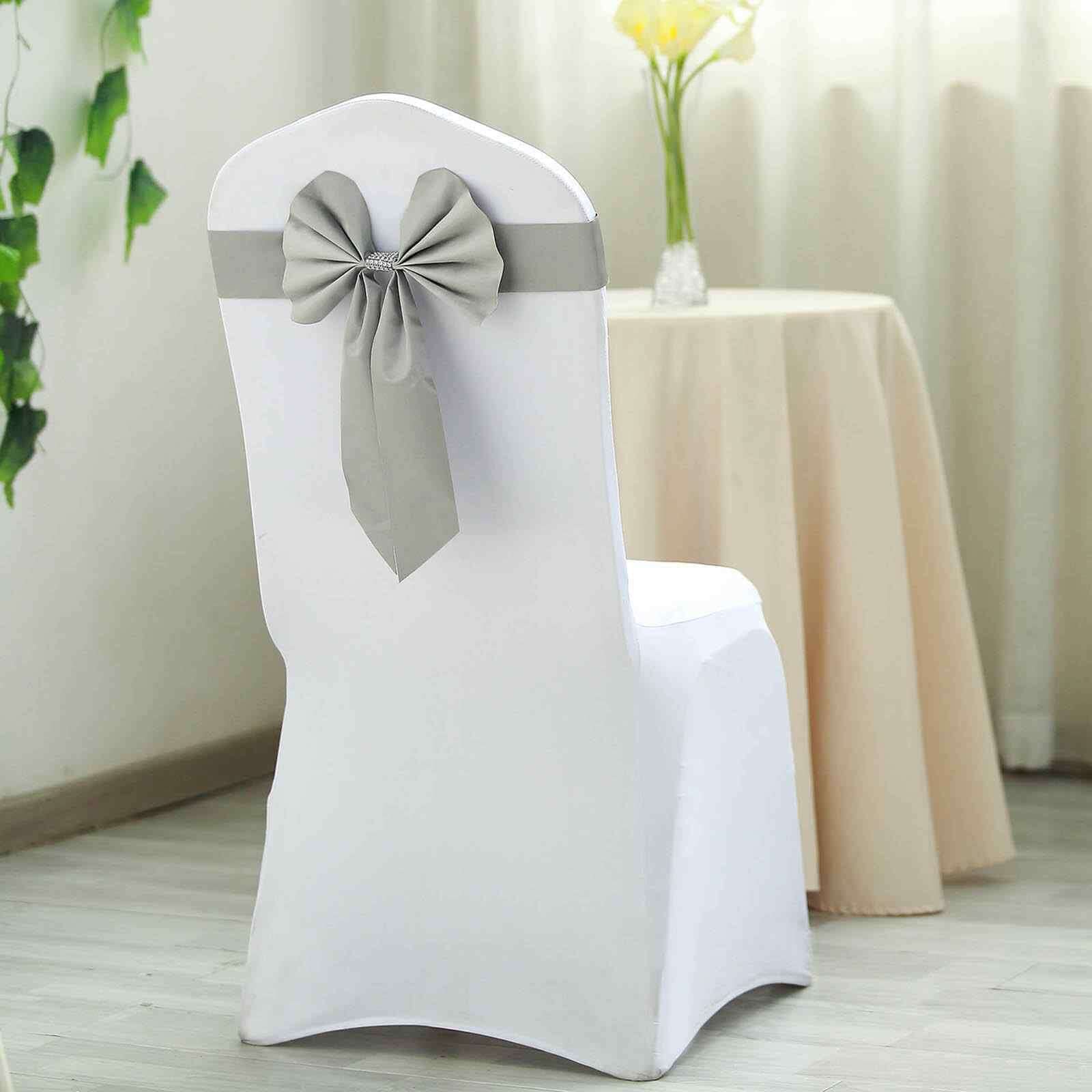 5 Pack Satin Faux Leather Chair Sashes Silver with Diamond Rhinestone Buckles - Reversible Pre-tied Bow Tie Chair Bands - Image 9