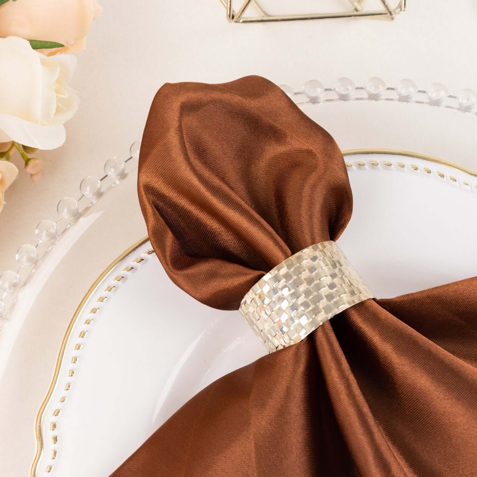 5 Pack Satin Napkins 20"x20" Cinnamon Brown - Soft Reusable Cloth Napkins - Image 3