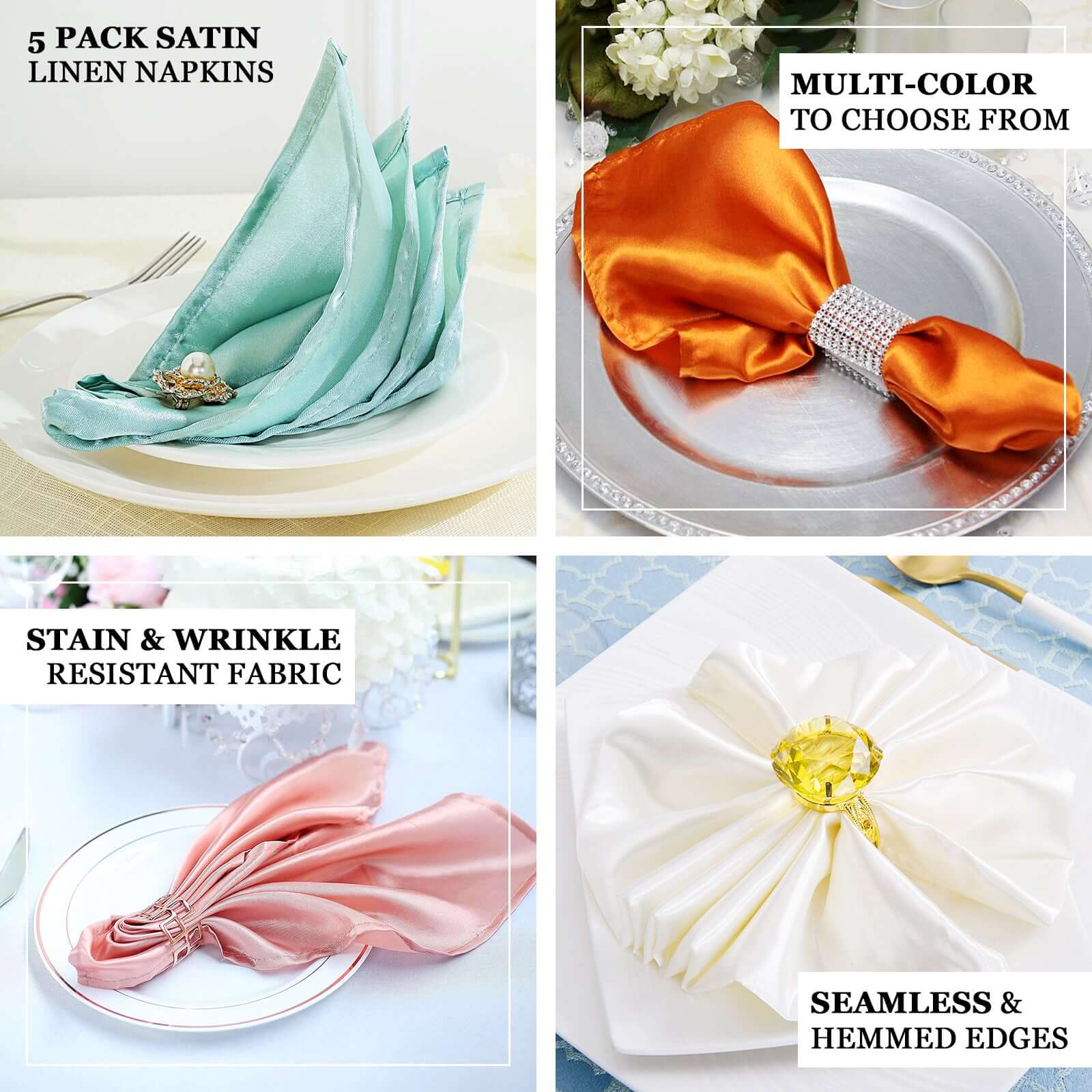 5 Pack Satin Napkins 20"x20" Gold - Soft and Luxurious Reusable Cloth Napkins for Weddings & Banquets - Image 4
