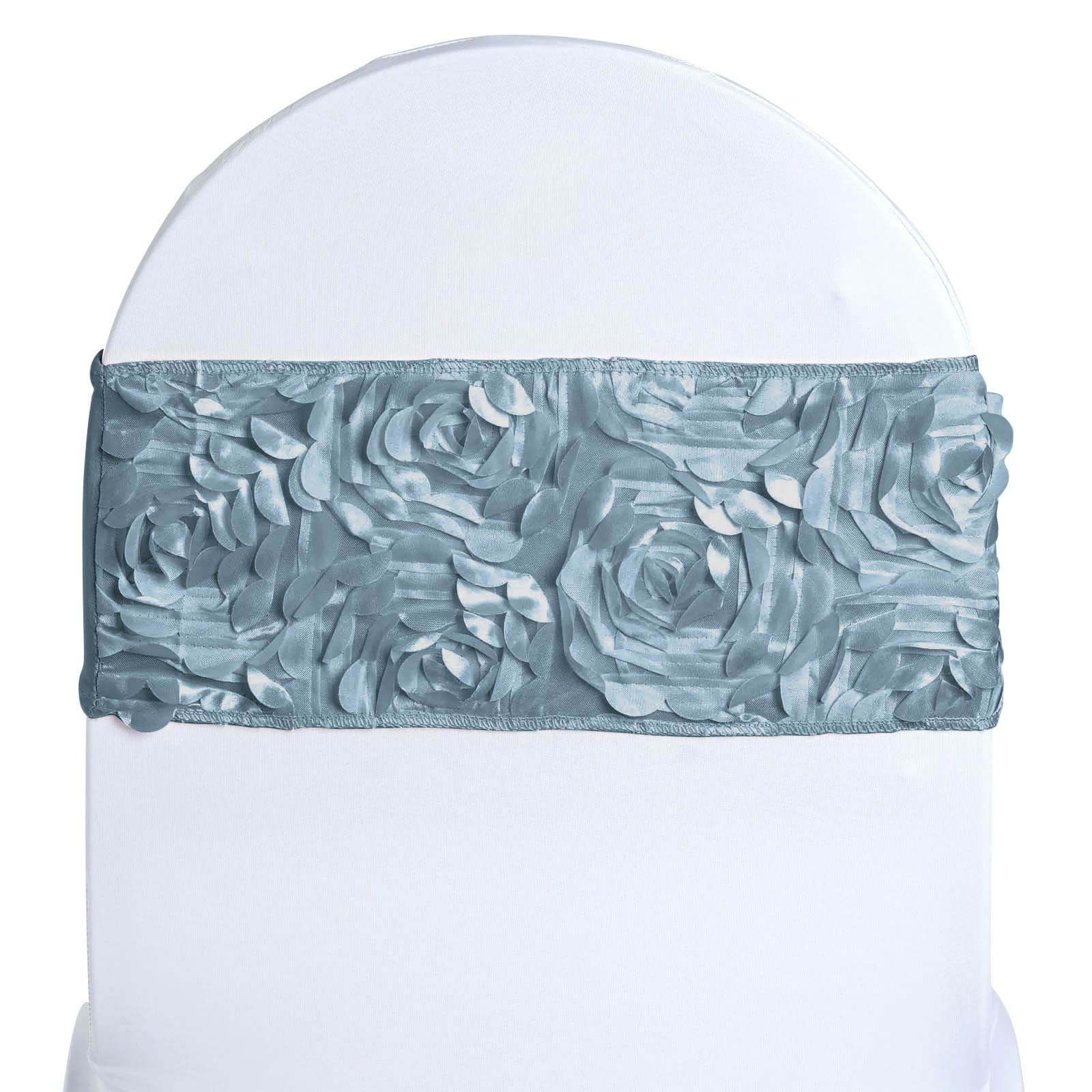 5 Pack Satin Spandex Chair Sashes 6"x14" Dusty Blue - Rosette Pattern Stretch Chair Bands