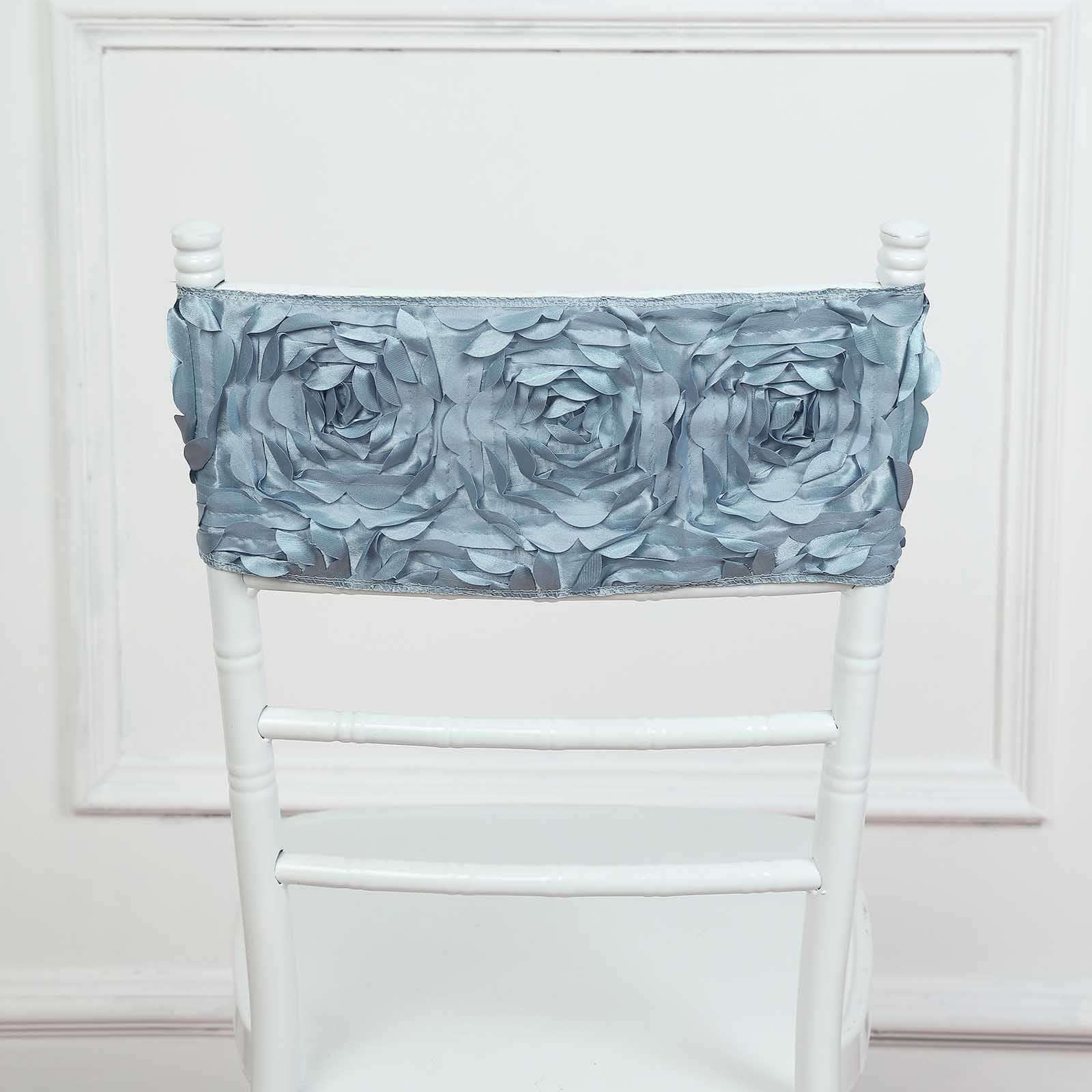 5 Pack Satin Spandex Chair Sashes 6"x14" Dusty Blue - Rosette Pattern Stretch Chair Bands - Image 11