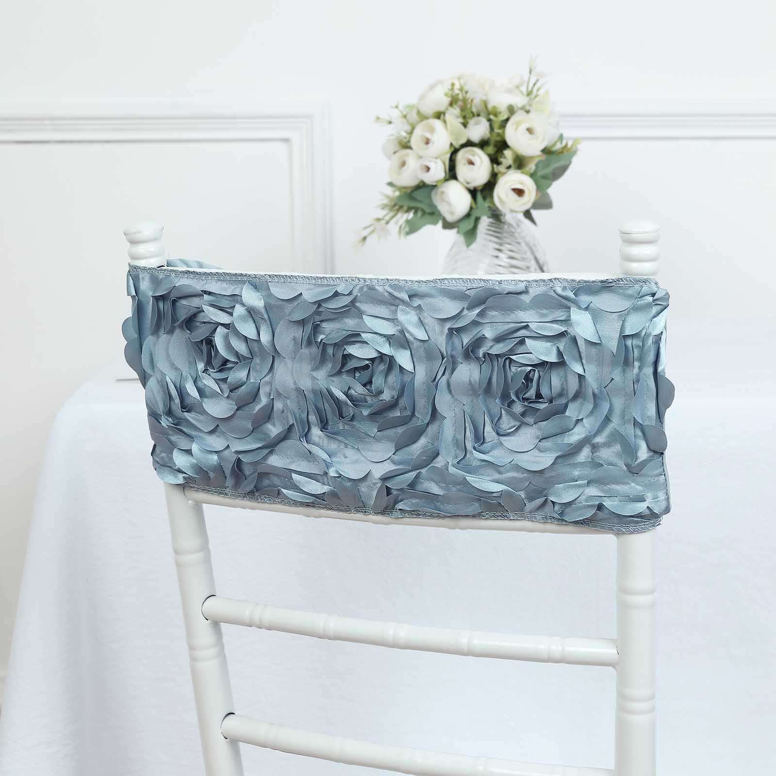 5 Pack Satin Spandex Chair Sashes 6"x14" Dusty Blue - Rosette Pattern Stretch Chair Bands - Image 6