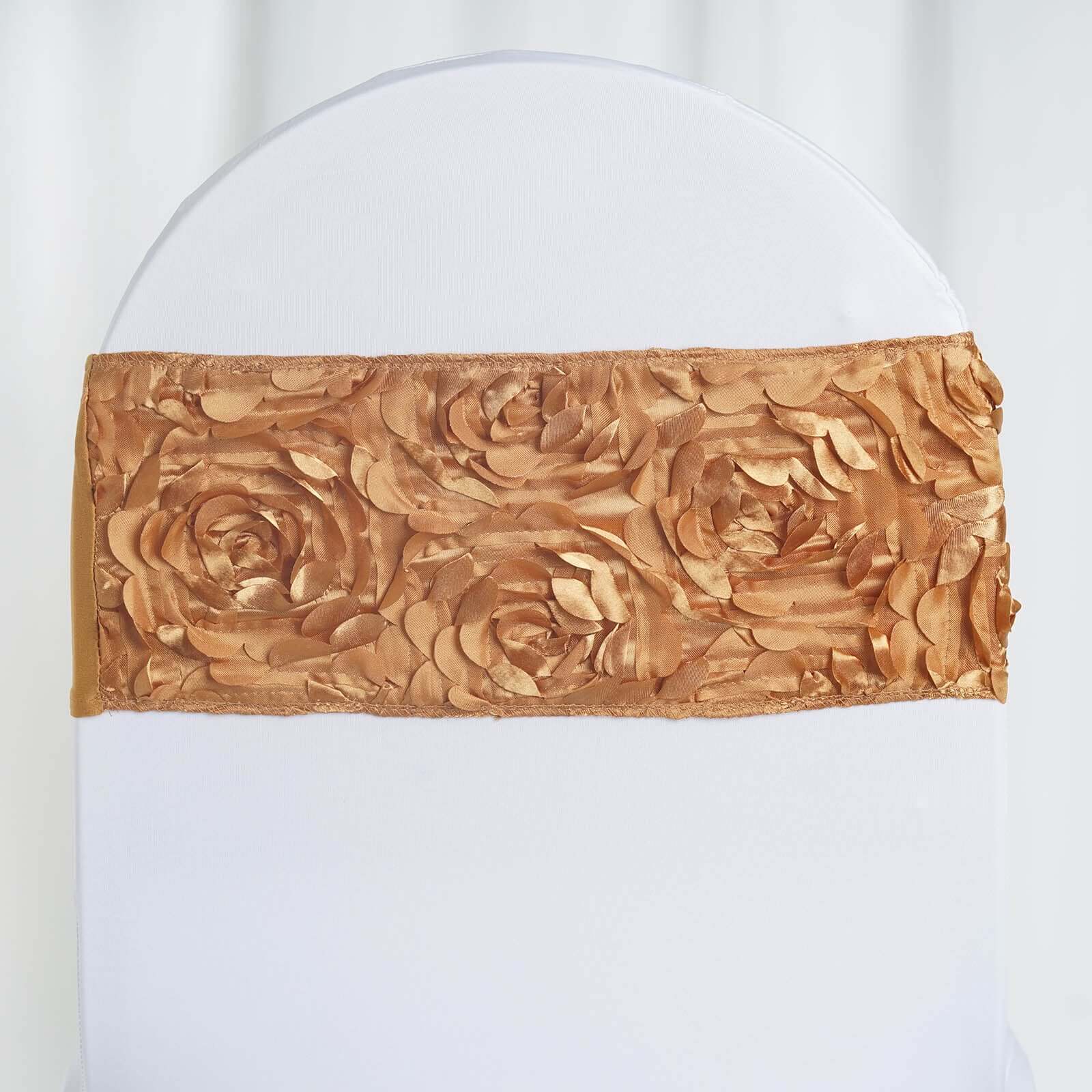 5 Pack Satin Spandex Chair Sashes 6"x14" Gold - Stylish Rosette Pattern Stretch Chair Bands