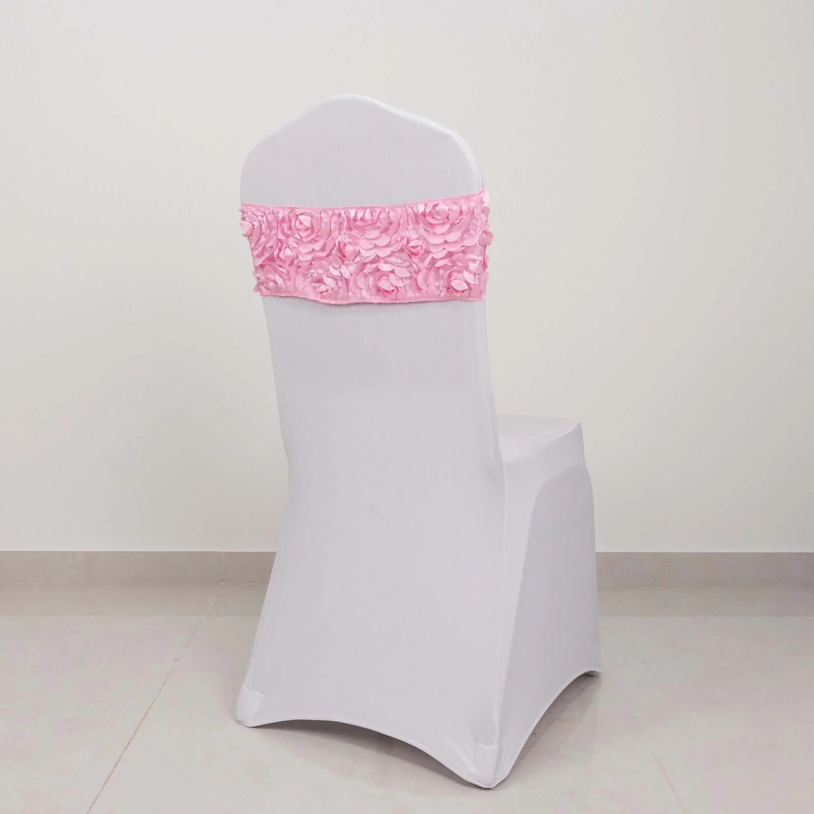 5 Pack Satin Spandex Chair Sashes 6"x14" Pink - Rosette Pattern Stretch Chair Bands - Image 9