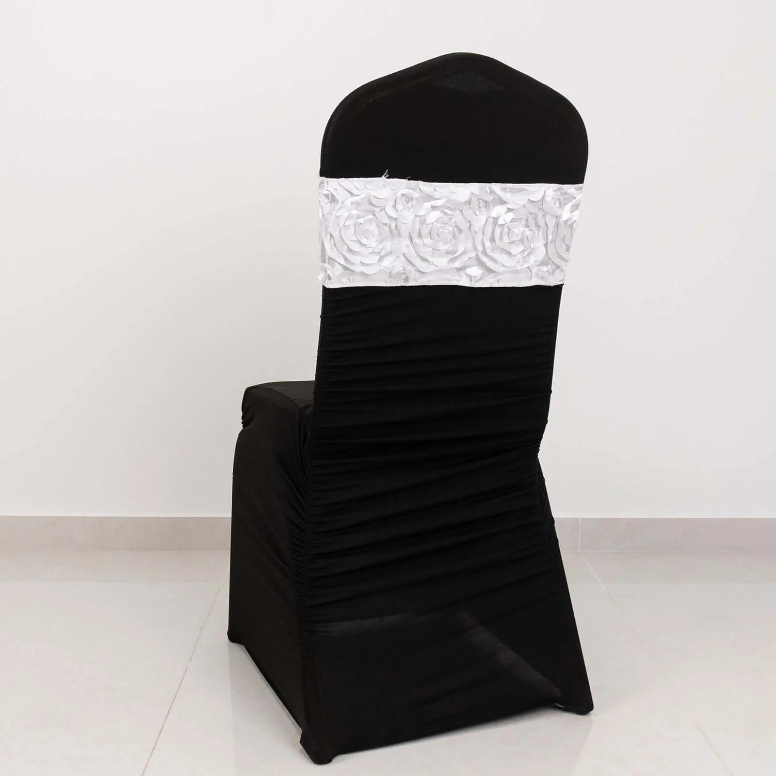 5 Pack Satin Spandex Chair Sashes 6"x14" White - Rosette Pattern Stretch Chair Bands - Image 10