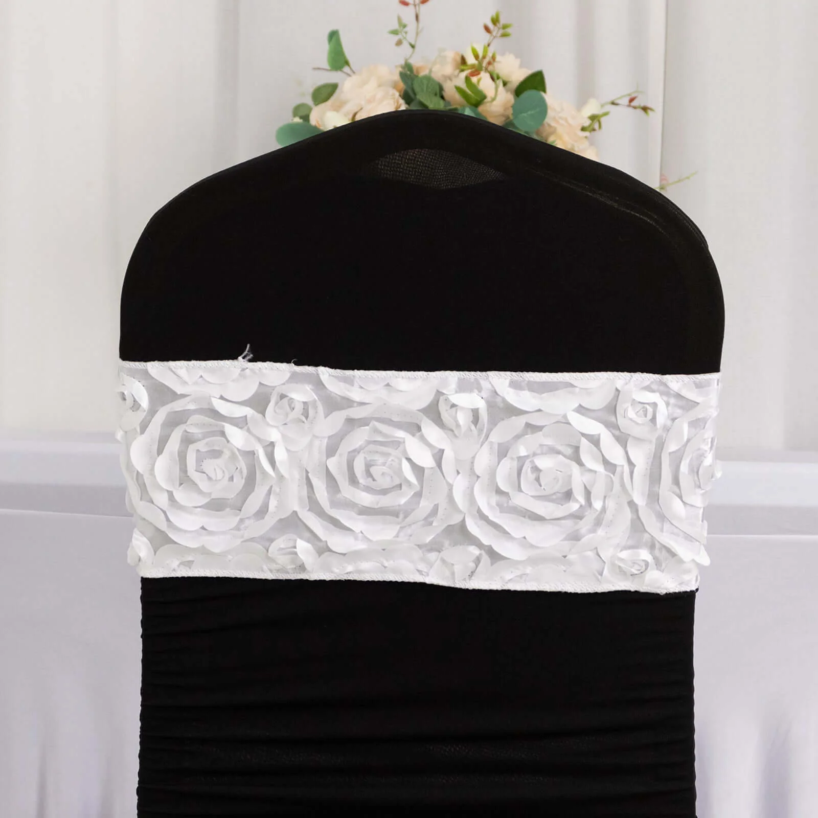 5 Pack Satin Spandex Chair Sashes 6"x14" White - Rosette Pattern Stretch Chair Bands - Image 12