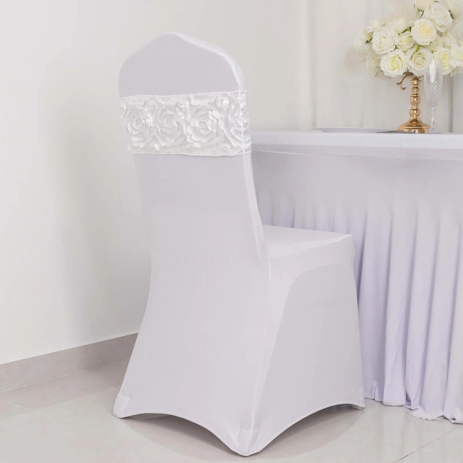 5 Pack Satin Spandex Chair Sashes 6"x14" White - Rosette Pattern Stretch Chair Bands - Image 13