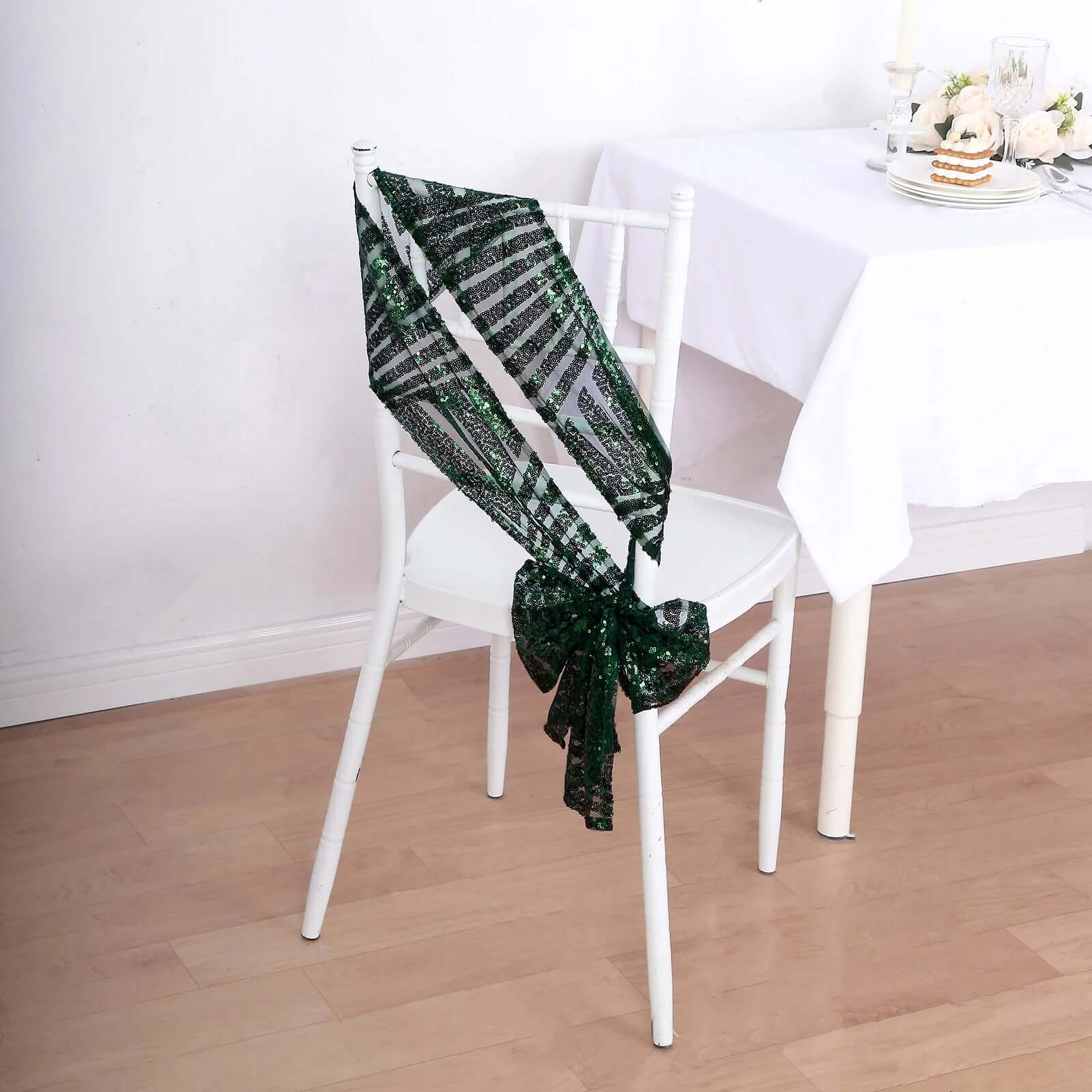 5 Pack Sequin Chair Sashes 6"x88" Hunter Emerald Green Geometric Diamond Glitz Design - Lustrous Decorative Design for Events - Image 2