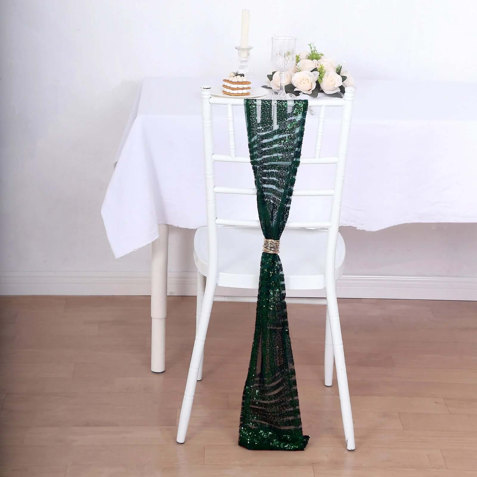 5 Pack Sequin Chair Sashes 6"x88" Hunter Emerald Green Geometric Diamond Glitz Design - Lustrous Decorative Design for Events - Image 4