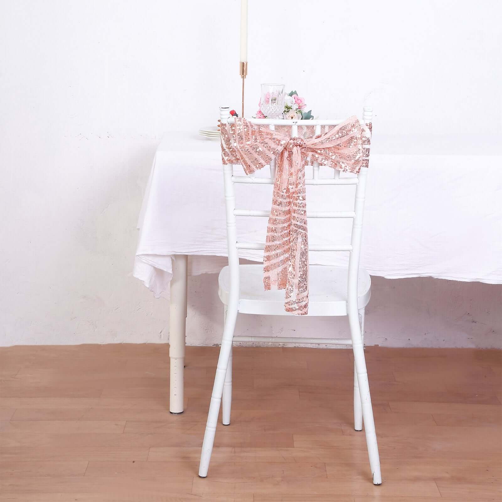 5 Pack Sequin Chair Sashes 6"x88" Rose Gold Geometric Diamond Glitz Design - Lustrous Decorative Design for Events - Image 7