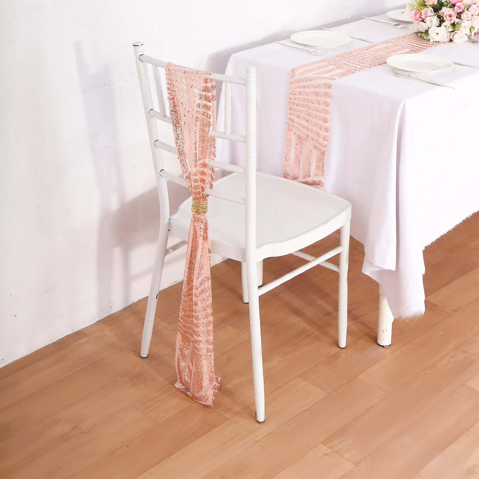 5 Pack Sequin Chair Sashes 6"x88" Rose Gold Geometric Diamond Glitz Design - Lustrous Decorative Design for Events - Image 9