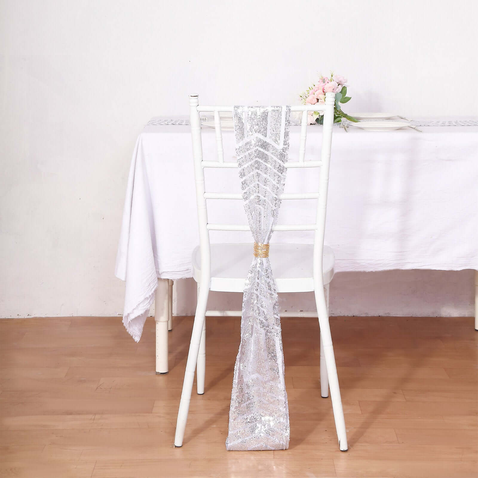 5 Pack Sequin Chair Sashes 6"x88" Silver Geometric Diamond Glitz Design - Lustrous Decorative Design for Events - Image 4