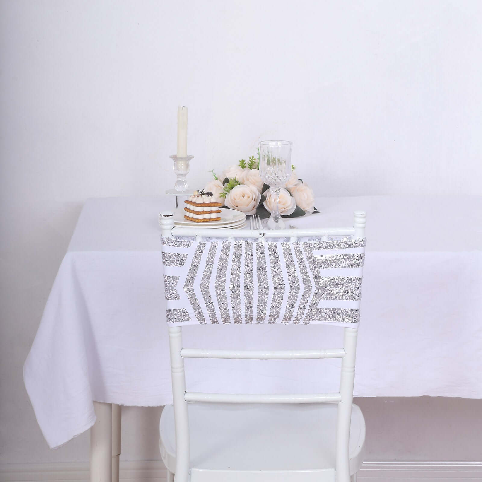 5 Pack Sequin Spandex Chair Sash White with Silver Geometric Diamond Glitz Pattern - Reusable Stretch Chair Bands - Image 2