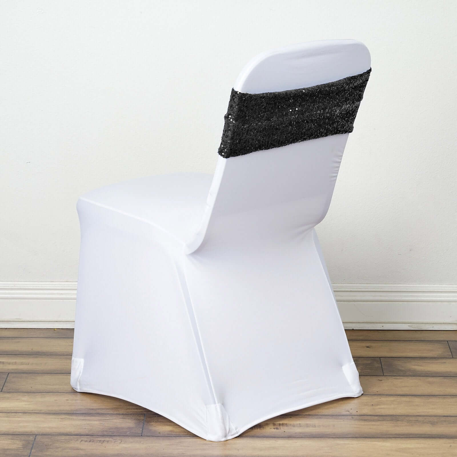 5 Pack Sequin Spandex Chair Sashes 6"x15" Black - Shimmering Stretch Chair Bands for Festive Celebrations - Image 2