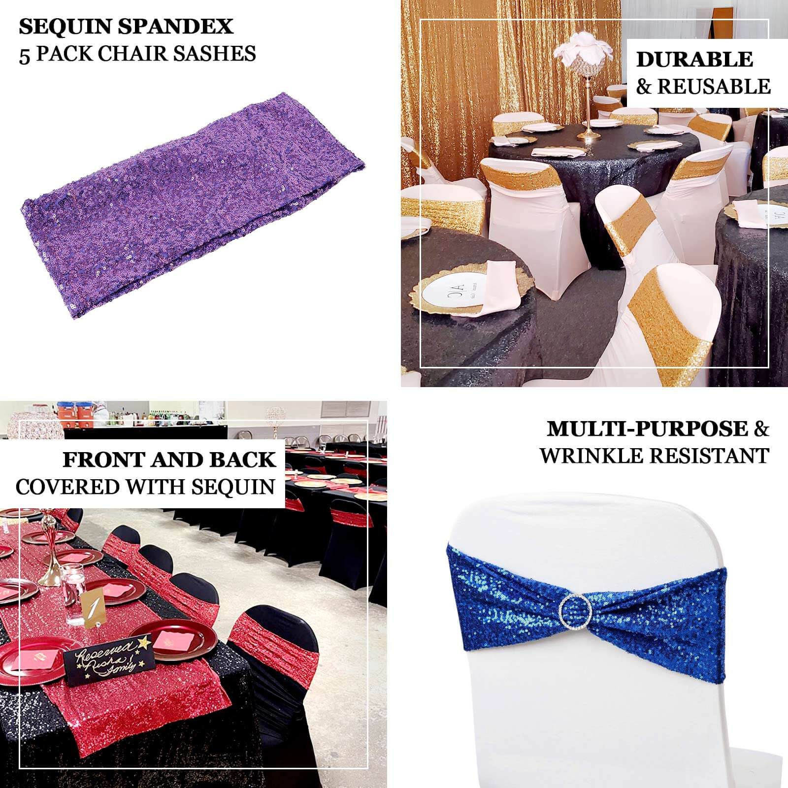 5 Pack Sequin Spandex Chair Sashes 6"x15" Black - Shimmering Stretch Chair Bands for Festive Celebrations - Image 4