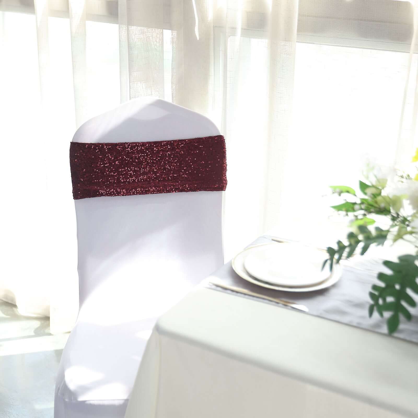 5 Pack Sequin Spandex Chair Sashes 6"x15" Burgundy - Stretch Chair Bands - Image 11