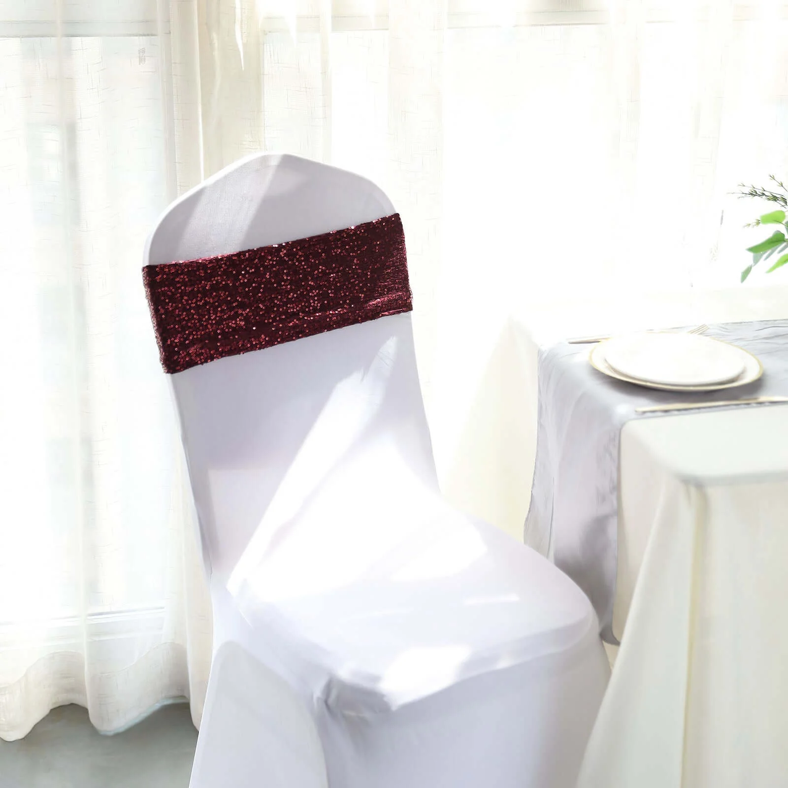 5 Pack Sequin Spandex Chair Sashes 6"x15" Burgundy - Stretch Chair Bands - Image 12