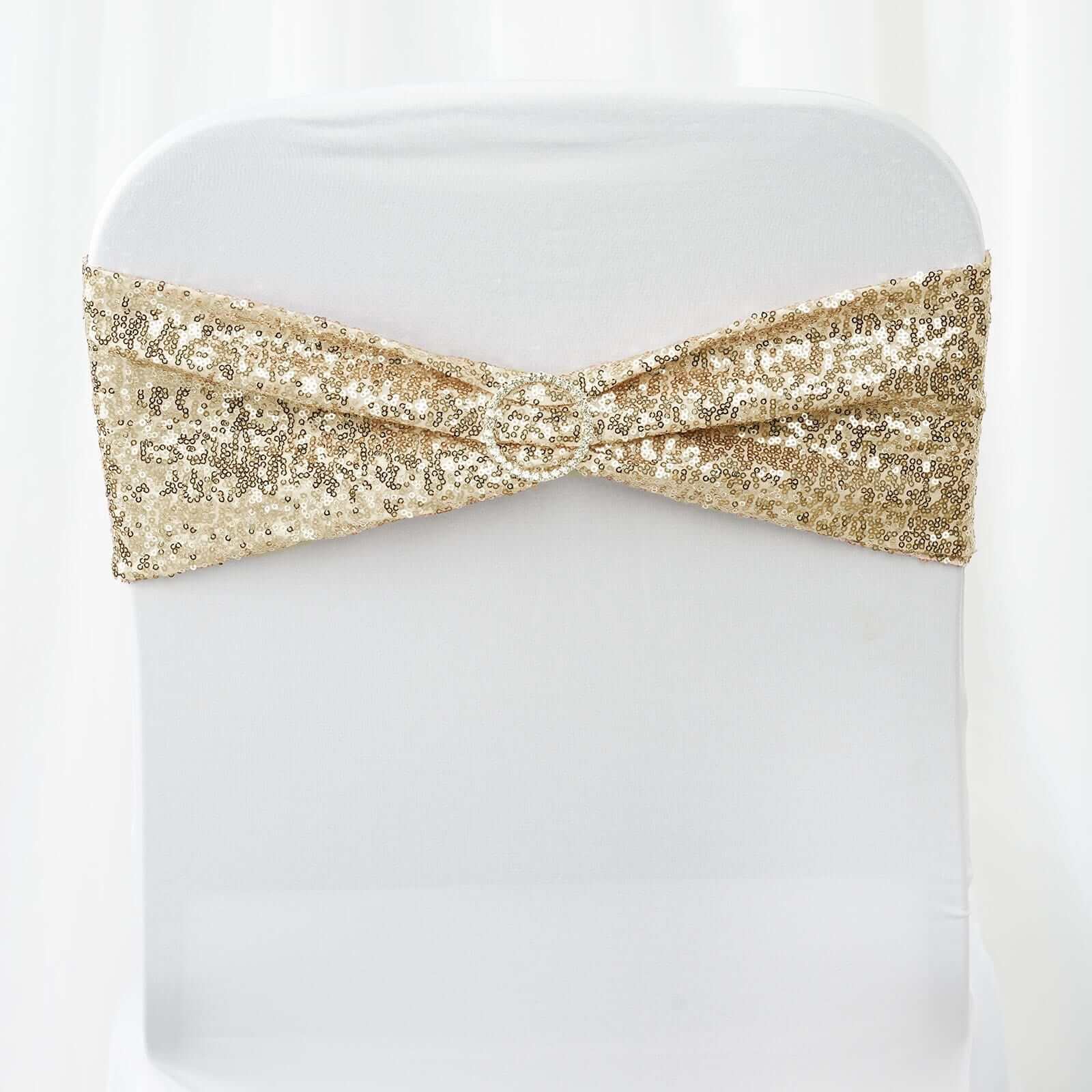 5 Pack Sequin Spandex Chair Sashes 6"x15" Champagne - Stretch Chair Bands - Image 6