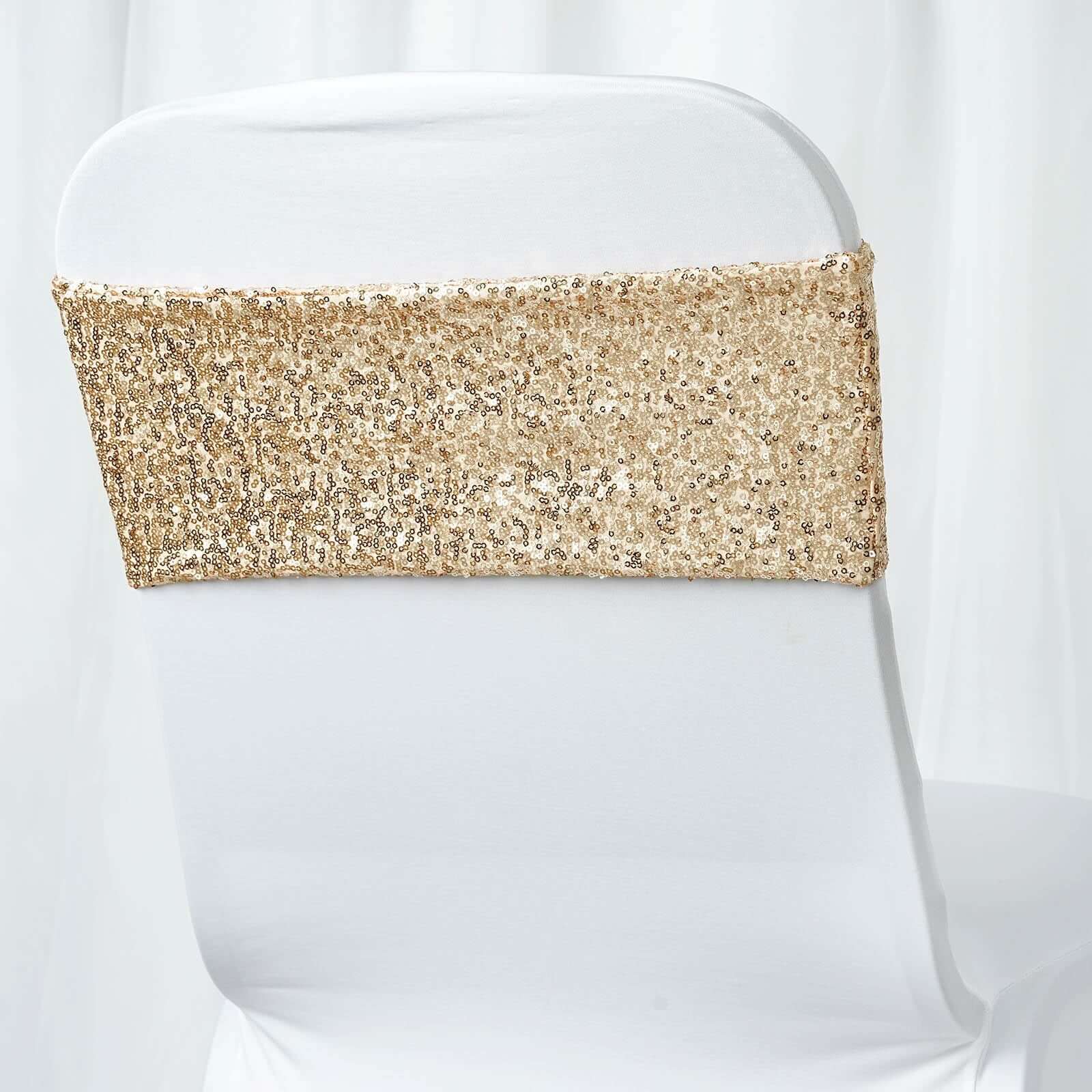 5 Pack Sequin Spandex Chair Sashes 6"x15" Champagne - Stretch Chair Bands - Image 8