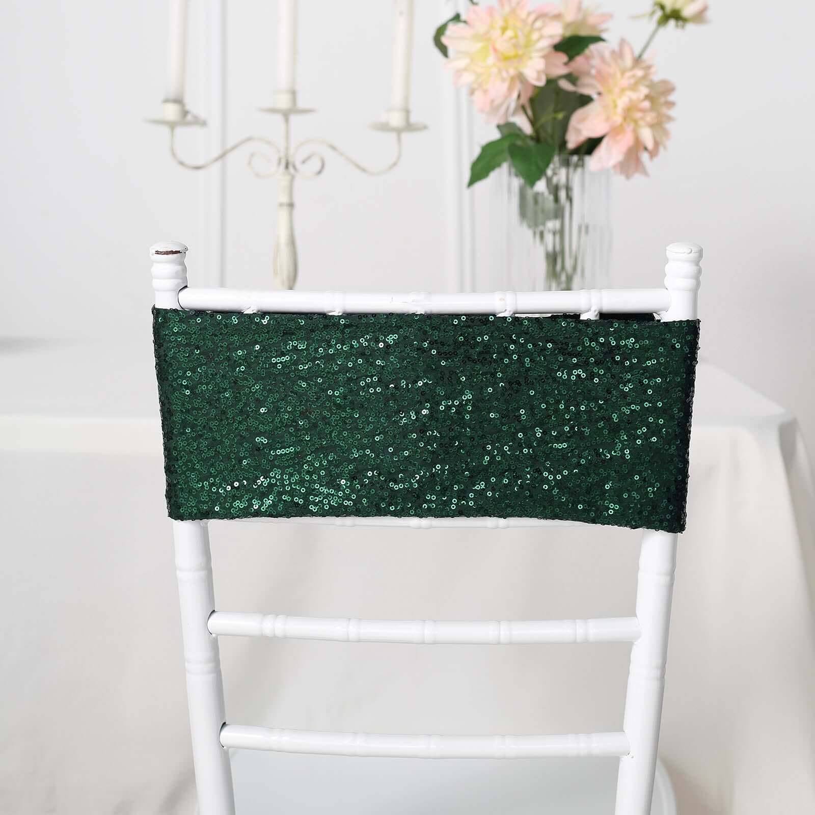 5 Pack Sequin Spandex Chair Sashes 6"x15" Hunter Emerald Green - Stretch Chair Bands - Image 6