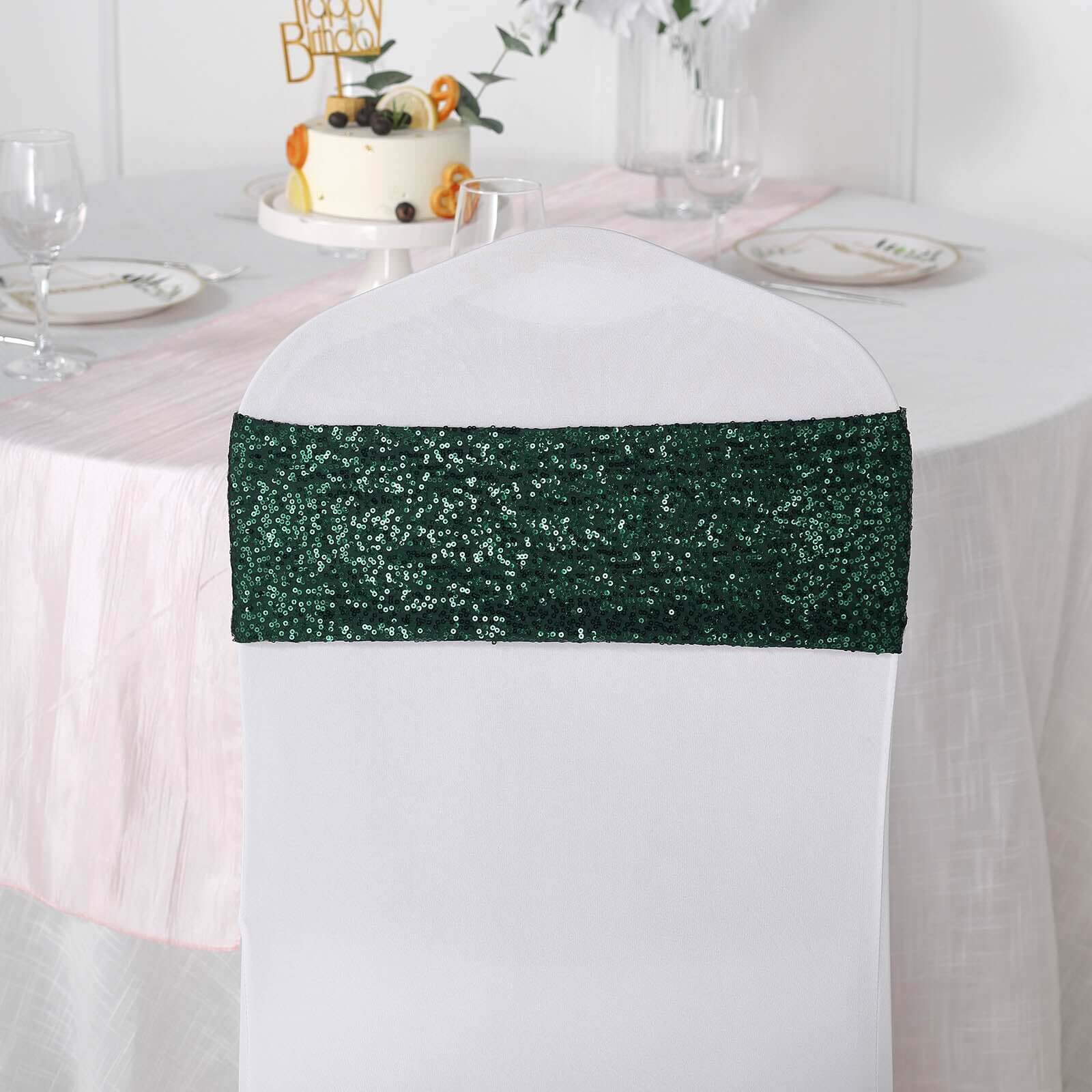 5 Pack Sequin Spandex Chair Sashes 6"x15" Hunter Emerald Green - Stretch Chair Bands - Image 8