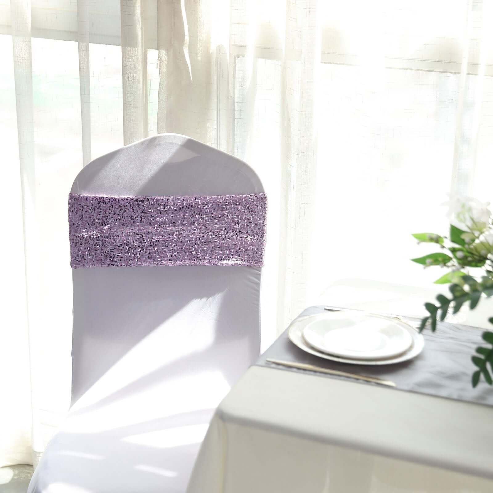 5 Pack Sequin Spandex Chair Sashes 6"x15" Lavender Lilac - Stretch Chair Bands - Image 11
