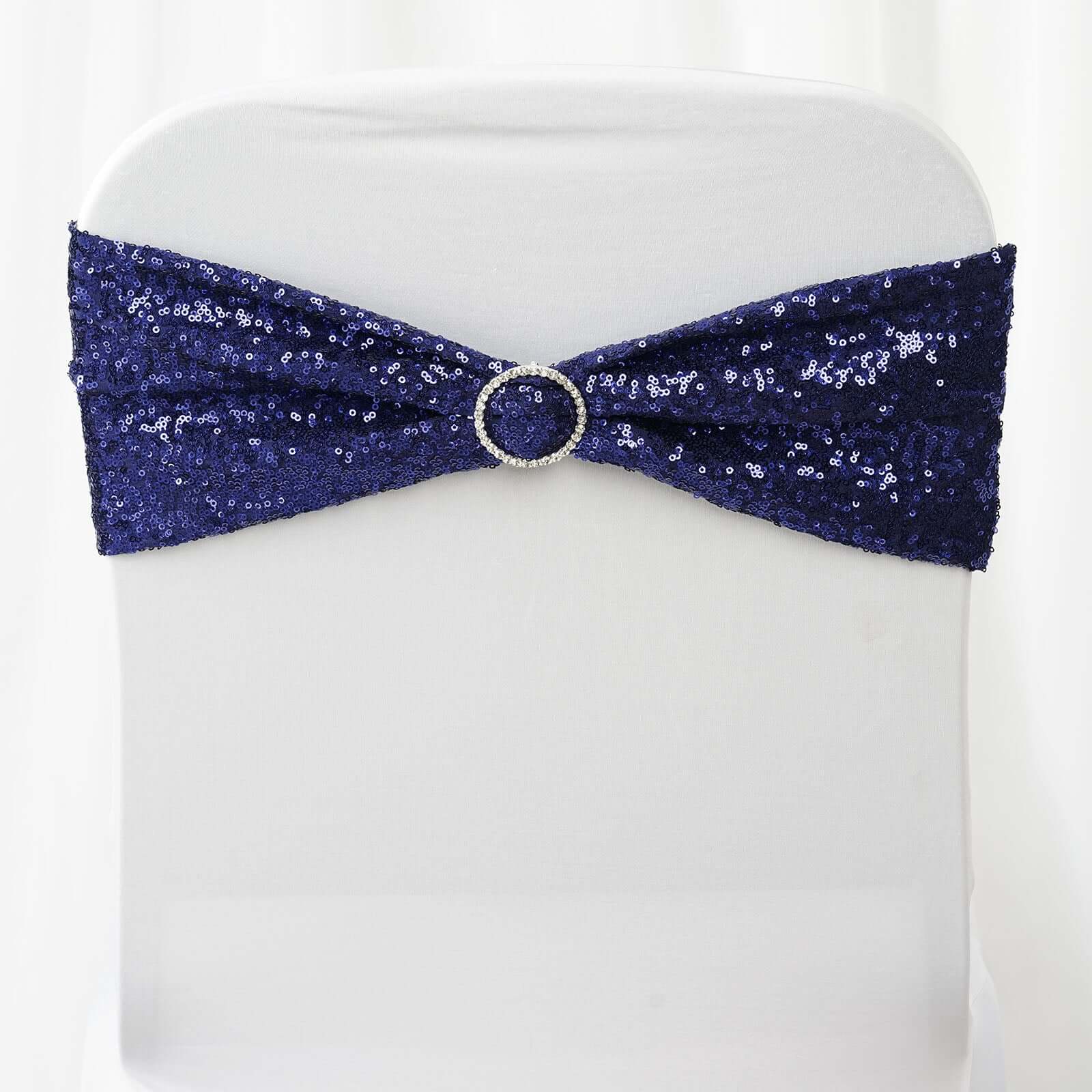 5 Pack Sequin Spandex Chair Sashes 6"x15" Navy Blue - Stretch Chair Bands - Image 6