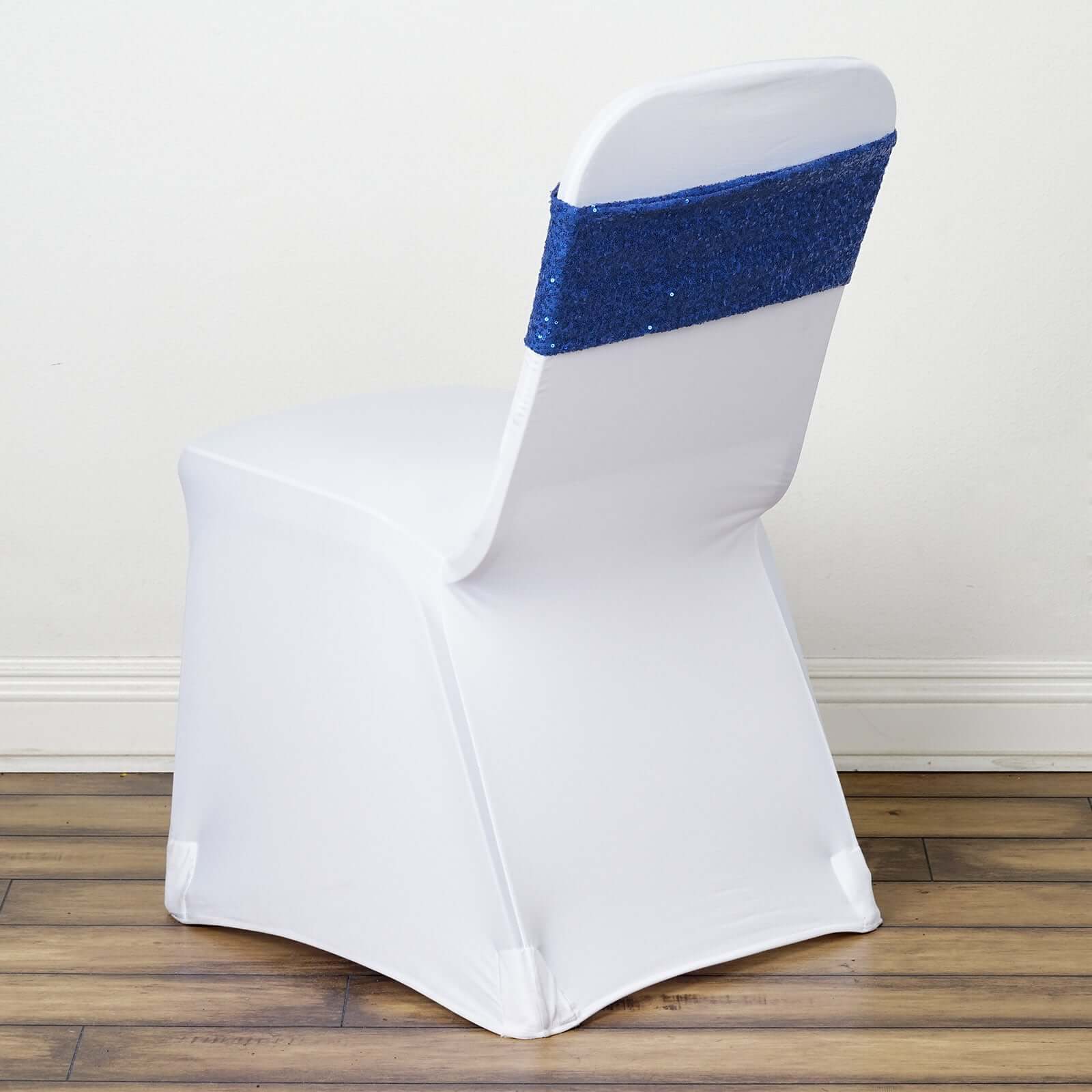 5 Pack Sequin Spandex Chair Sashes 6"x15" Royal Blue - Stretch Chair Bands - Image 6