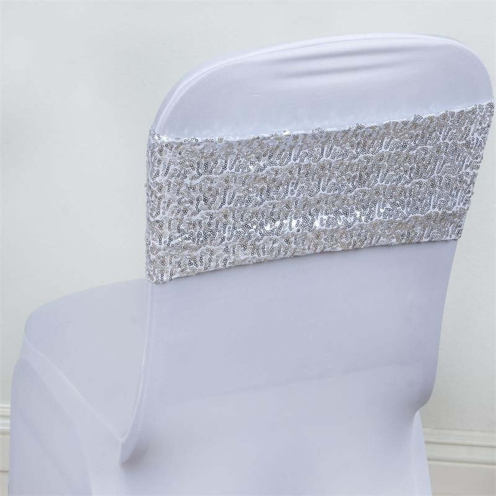 5 Pack Sequin Spandex Chair Sashes 6"x15" Silver - Stretch Chair Bands - Image 11