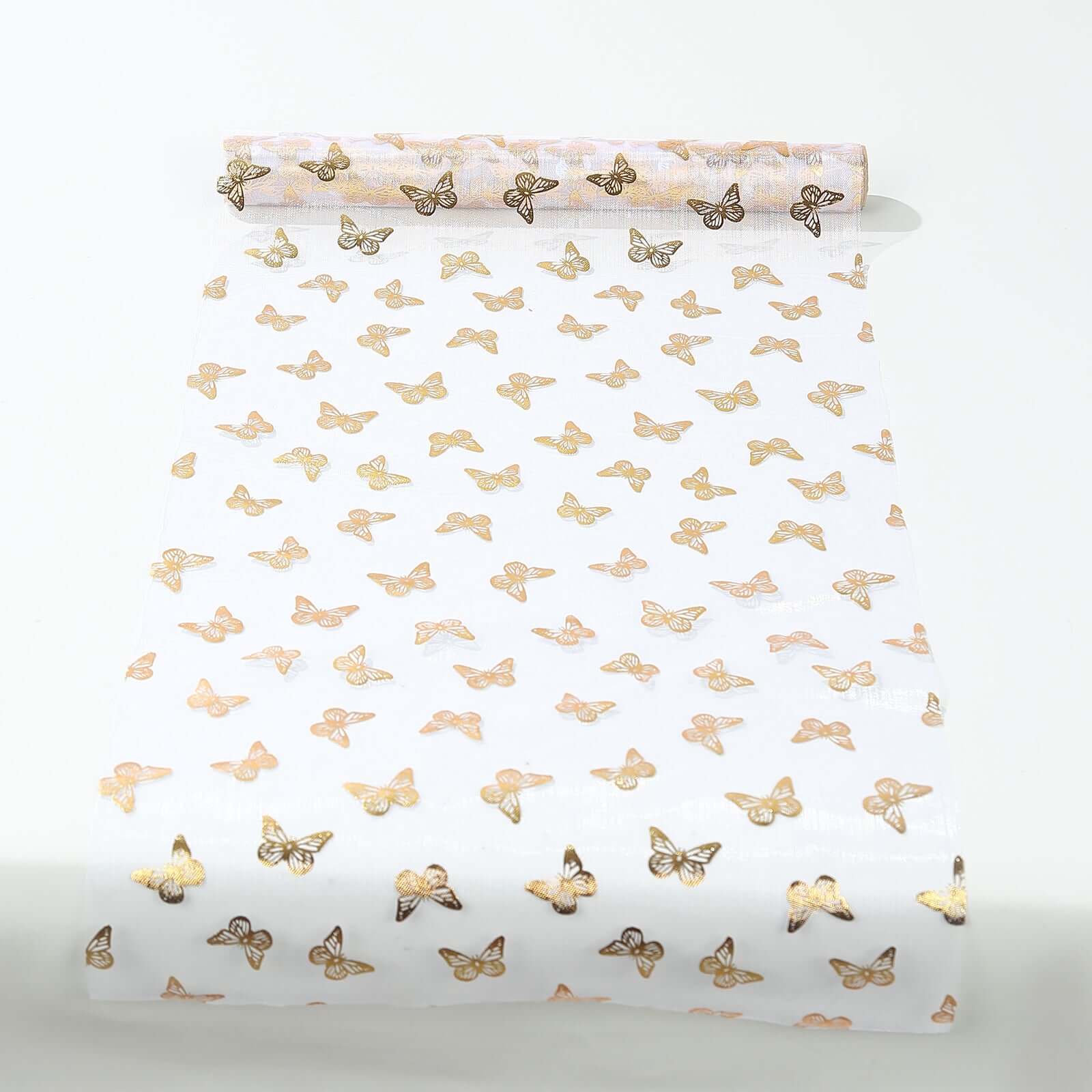 5 Pack Sheer Organza Table Runner Rolls 11"x108" White Disposable with Metallic Gold Foil Butterflies Motifs - Image 2