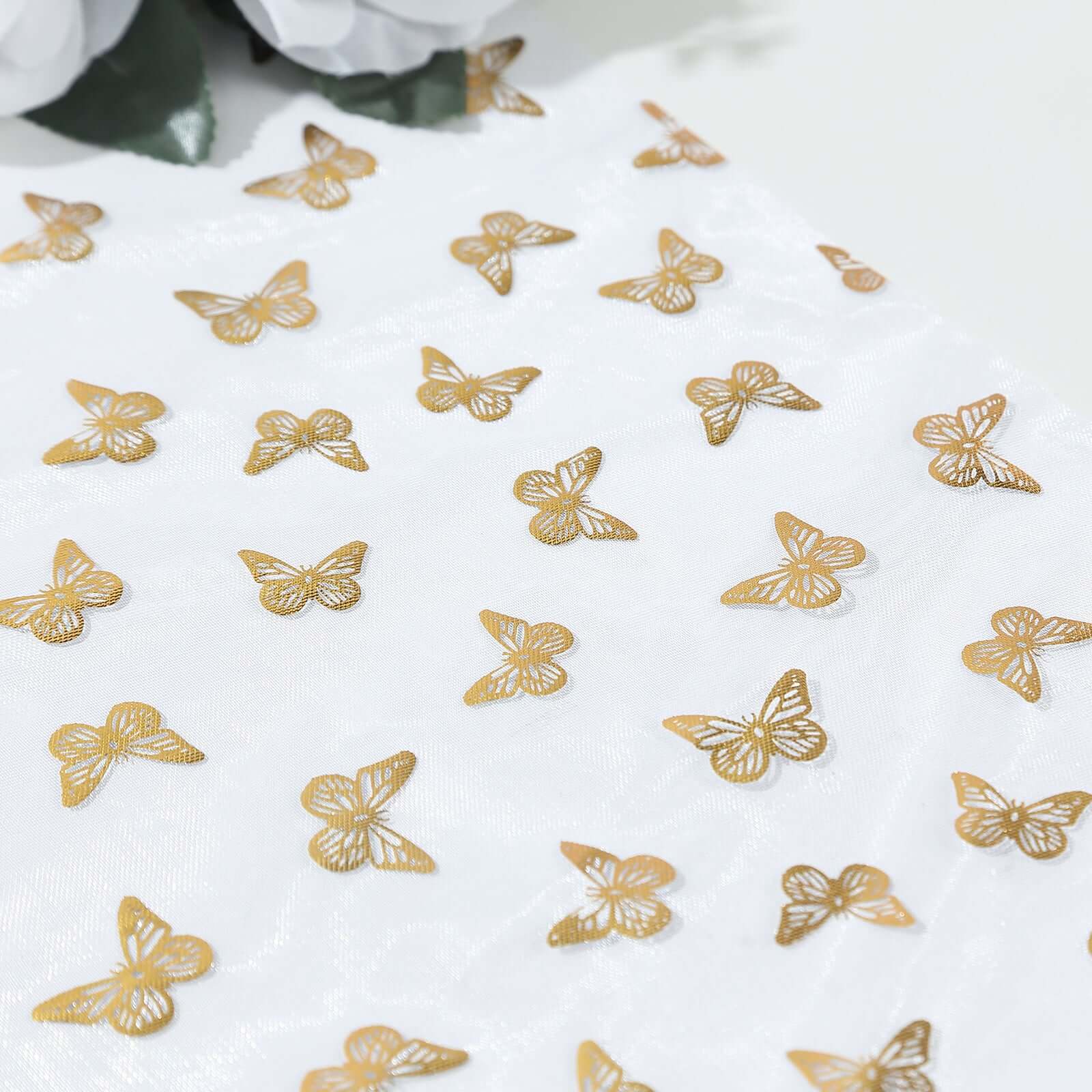 5 Pack Sheer Organza Table Runner Rolls 11"x108" White Disposable with Metallic Gold Foil Butterflies Motifs - Image 4