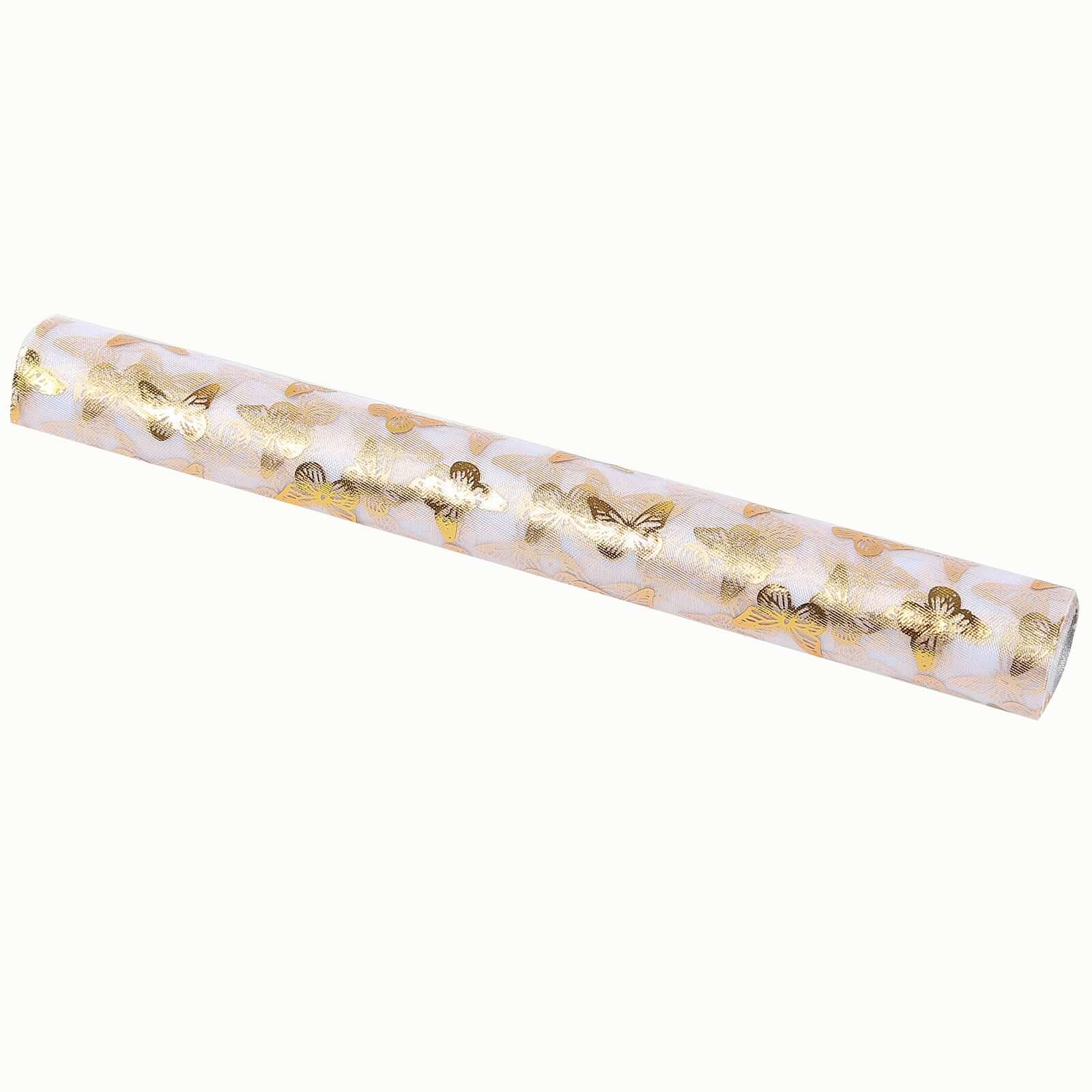 5 Pack Sheer Organza Table Runner Rolls 11"x108" White Disposable with Metallic Gold Foil Butterflies Motifs - Image 6