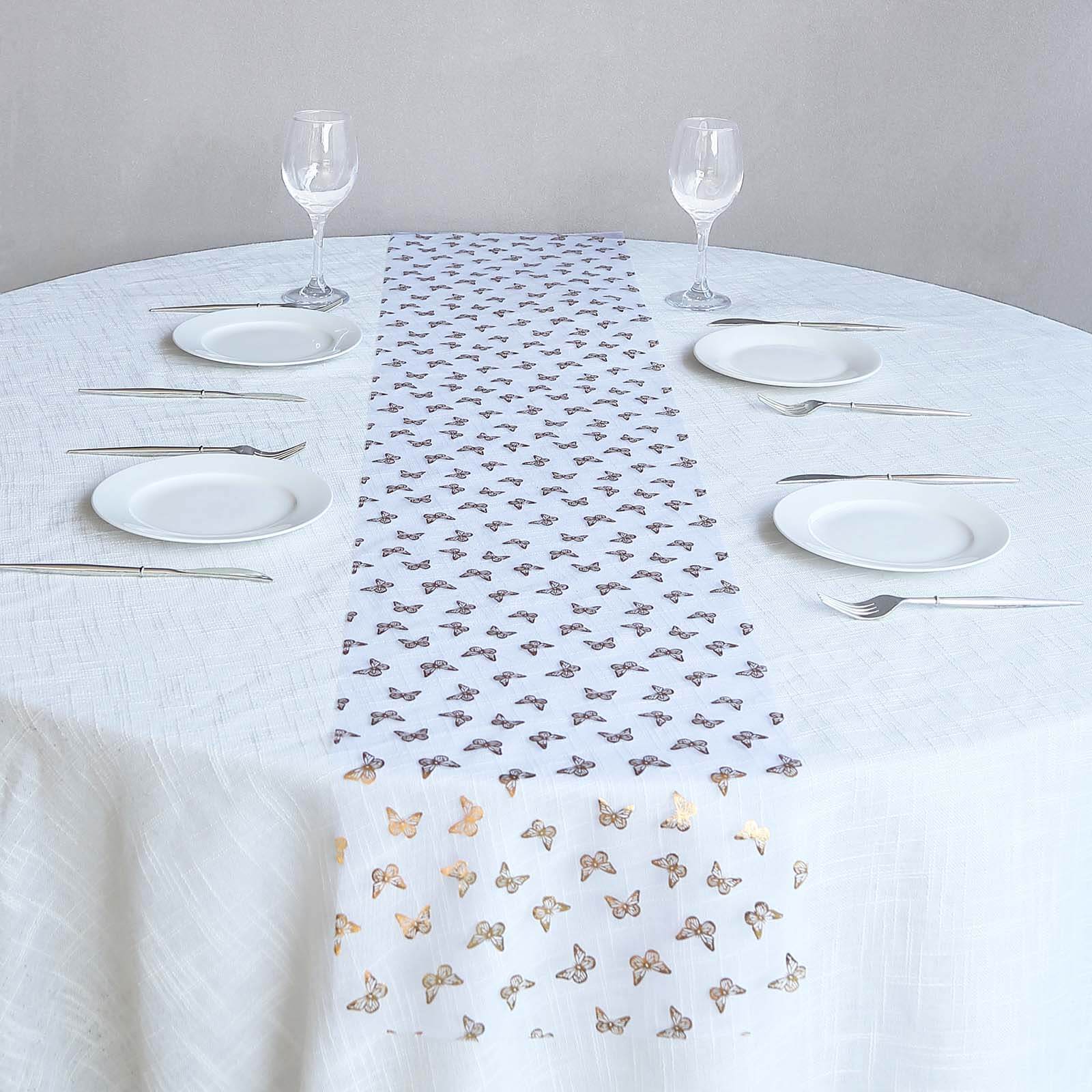 5 Pack Sheer Organza Table Runner Rolls 11"x108" White Disposable with Metallic Gold Foil Butterflies Motifs - Image 7