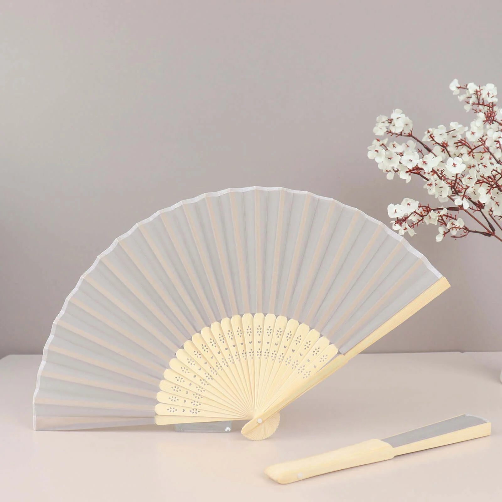 5 Pack Silver Asian Silk Folding Fans Party Favors, Oriental Folding Fan Favors